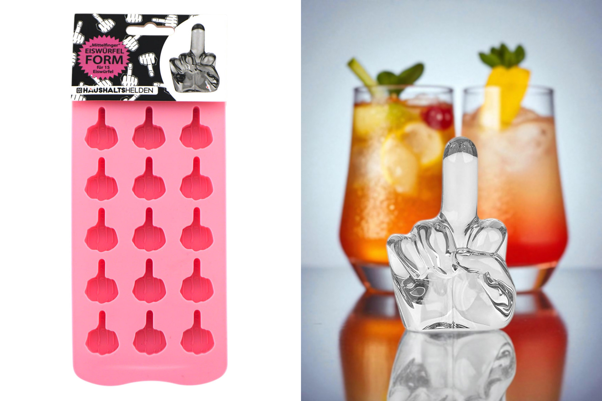 Eiswürfelzubereiter "Mittelfinger" aus Silikon, für 15 Eiswürfel, 21x10,5x1,5cm, rosa