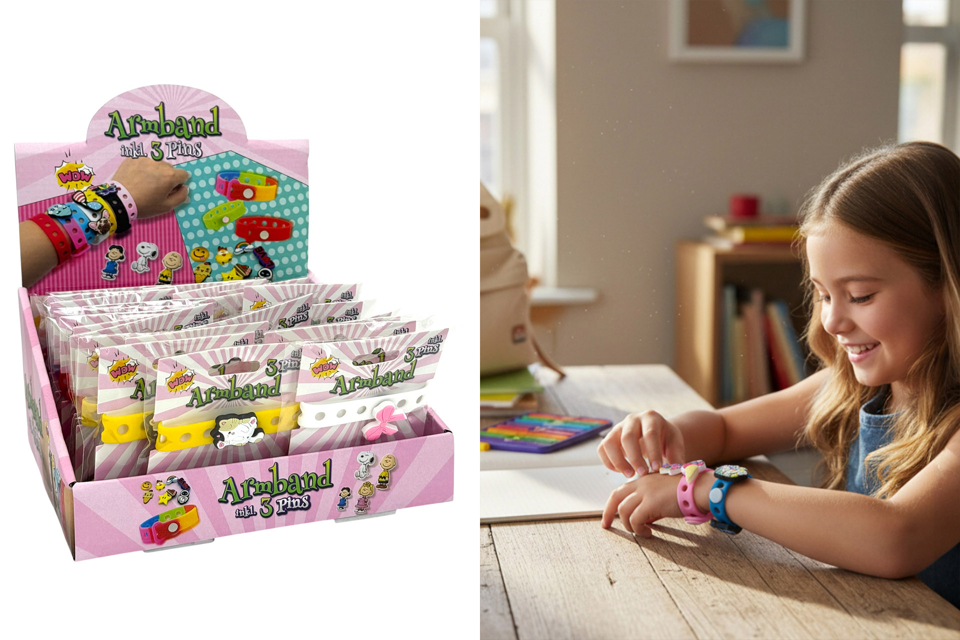 Silikon Armband für Kinder, 4tlg., inkl. 3 Pins, 19x1,5cm, 6 Designs, im Display