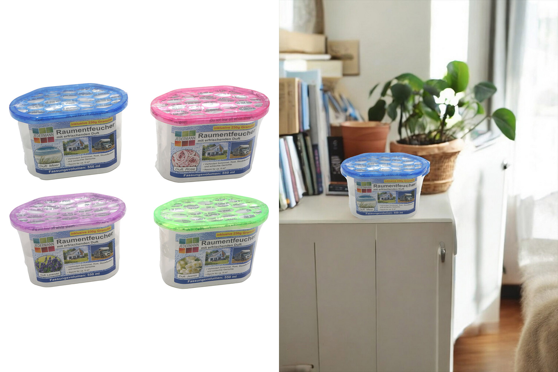 Luftentfeuchterbox 550ml mit 230g Granulat mit Duft, 4 Düfte