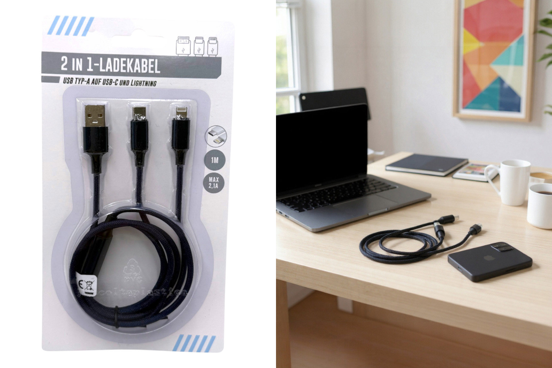 Ladekabel "2 in 1", 2 Anschlüsse, 1m