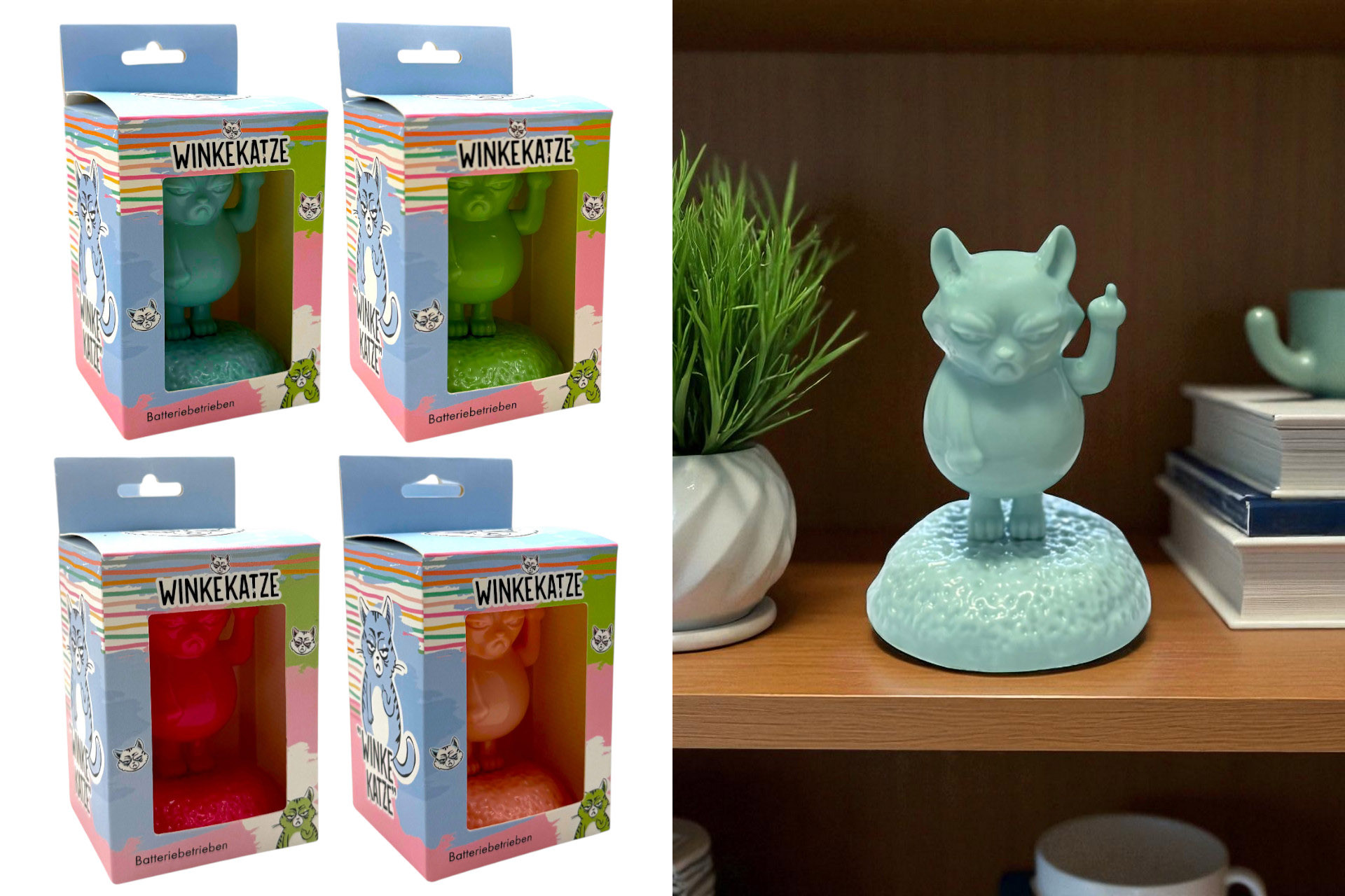 Winkekatze "Mittelfinger", 10x4,5x3,5cm, 4 Farben