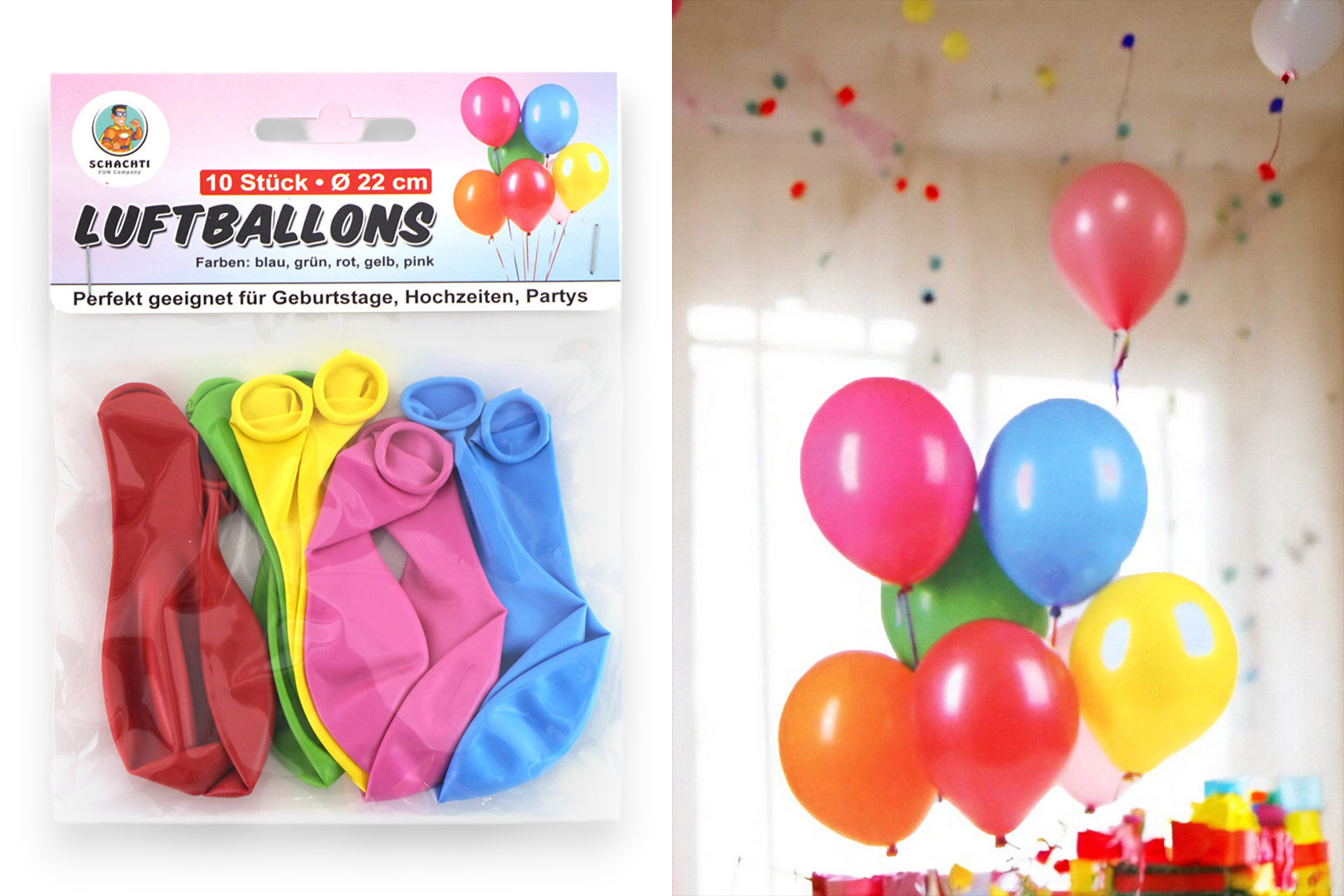 Luftballons bunt, 10er Pack, ø22cm, 5 Farben sortiert