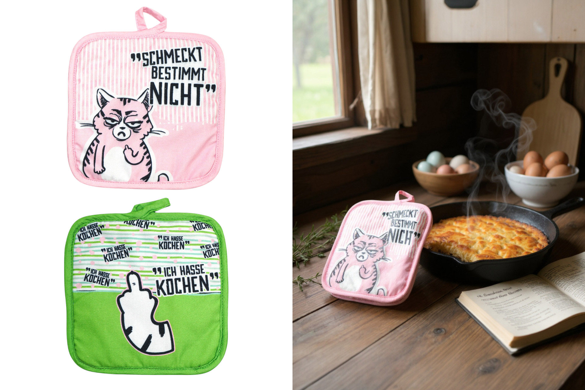 Topflappen "Miesekatze", 18x18x1cm, 2 Designs