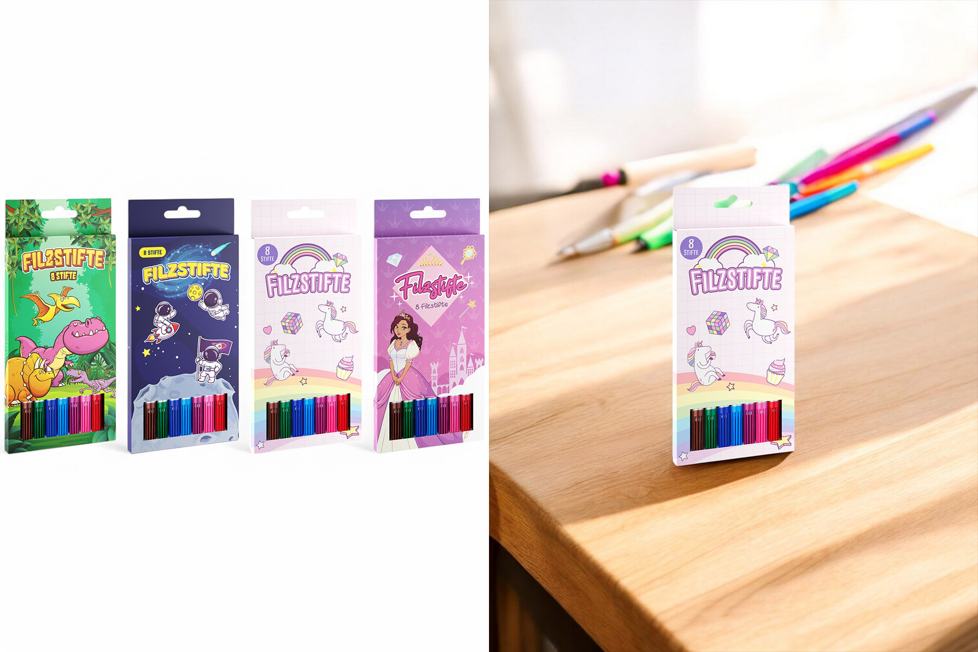 Filzstifte bunt, 8er Set, 4 Designs