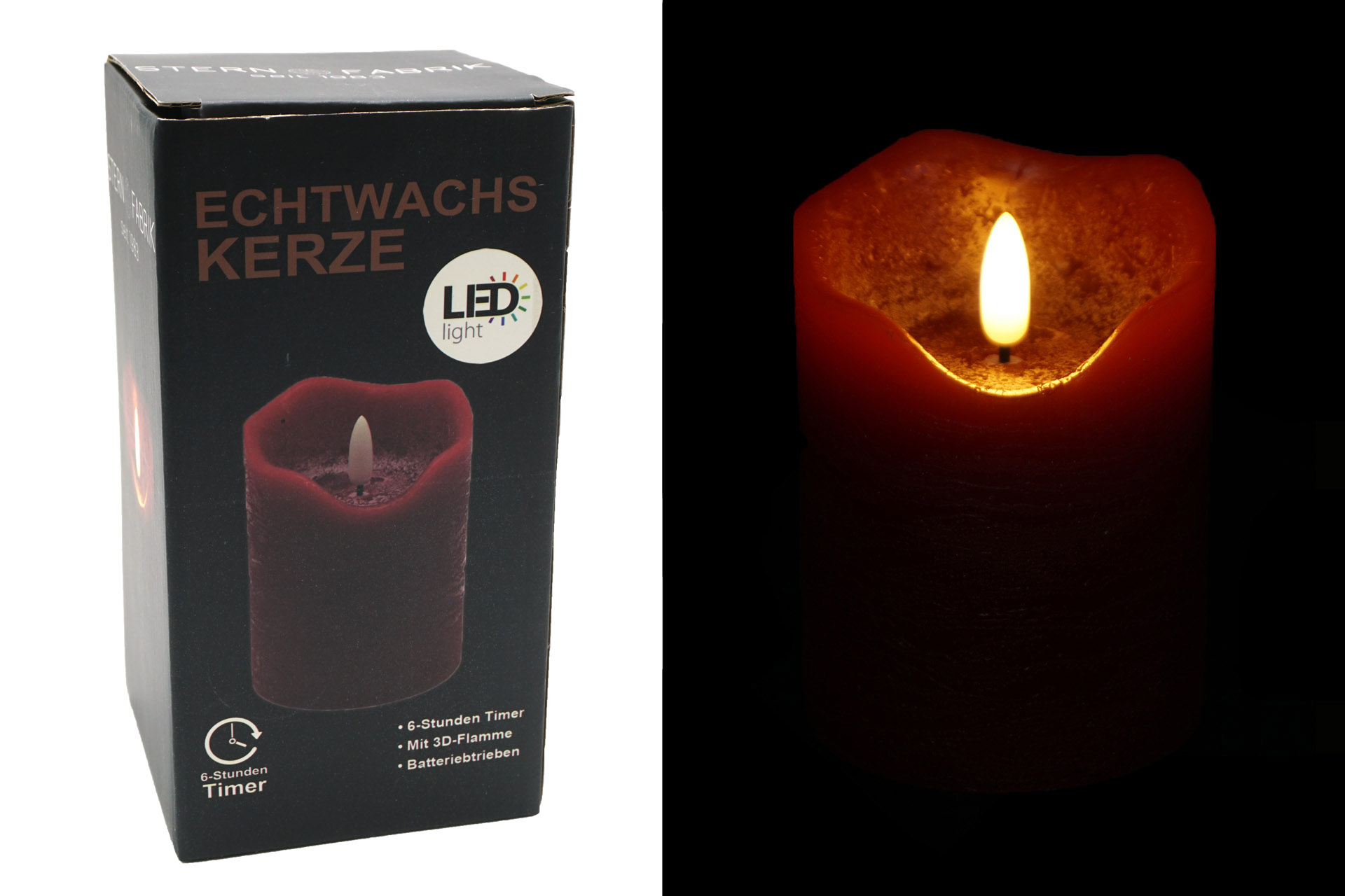 LED Echtwachskerze "3D Flamme" 7,5x15cm mit Timer, rot