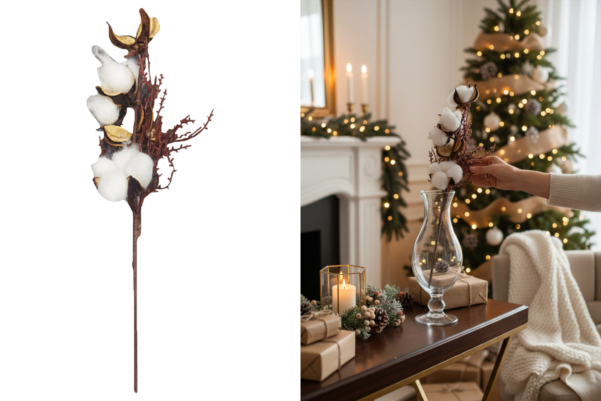 Weihnachtsdeko "Zweig mit Baumwolle", 35x10cm