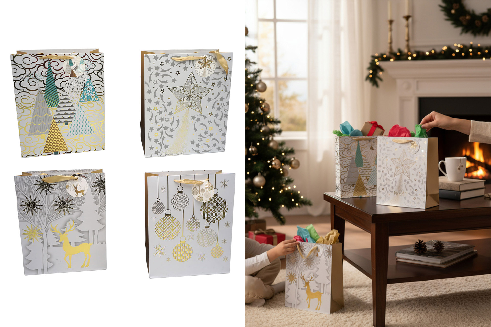 Geschenktüte Weihnachten "Modern Christmas" 26x32x12cm, 4 Designs