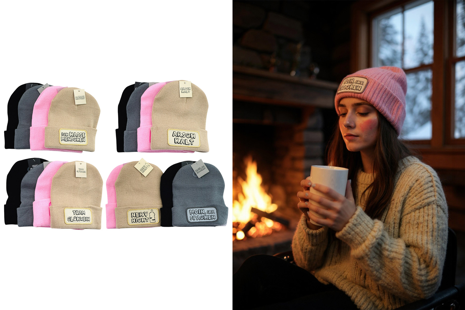 Mütze mit Spruch/Patch, 21,5x20cm, 4 Designs, 4 Farben