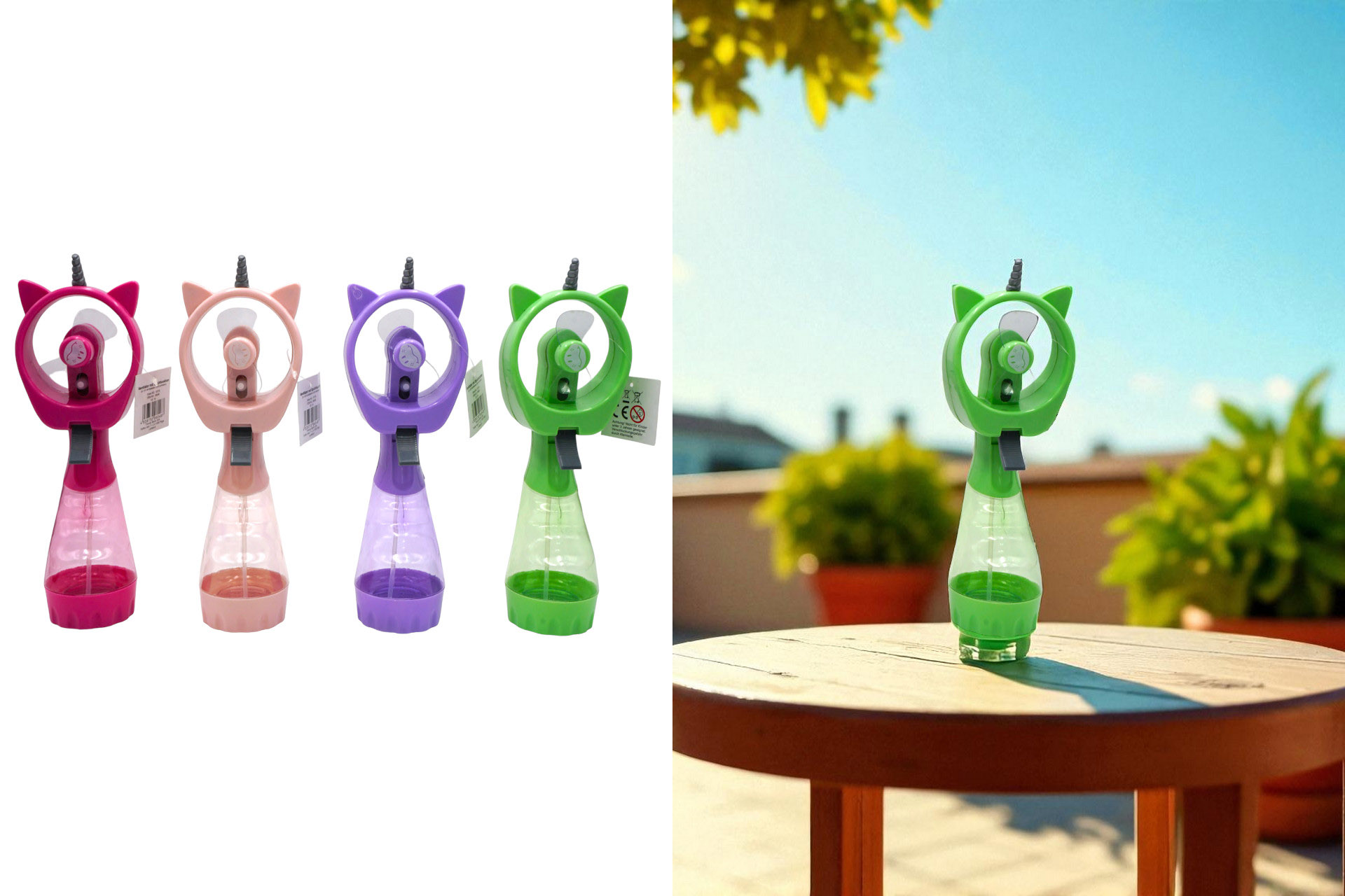 Ventilator mit Sprühfunktion "Einhorn", 28x9x7cm, 4 Farben