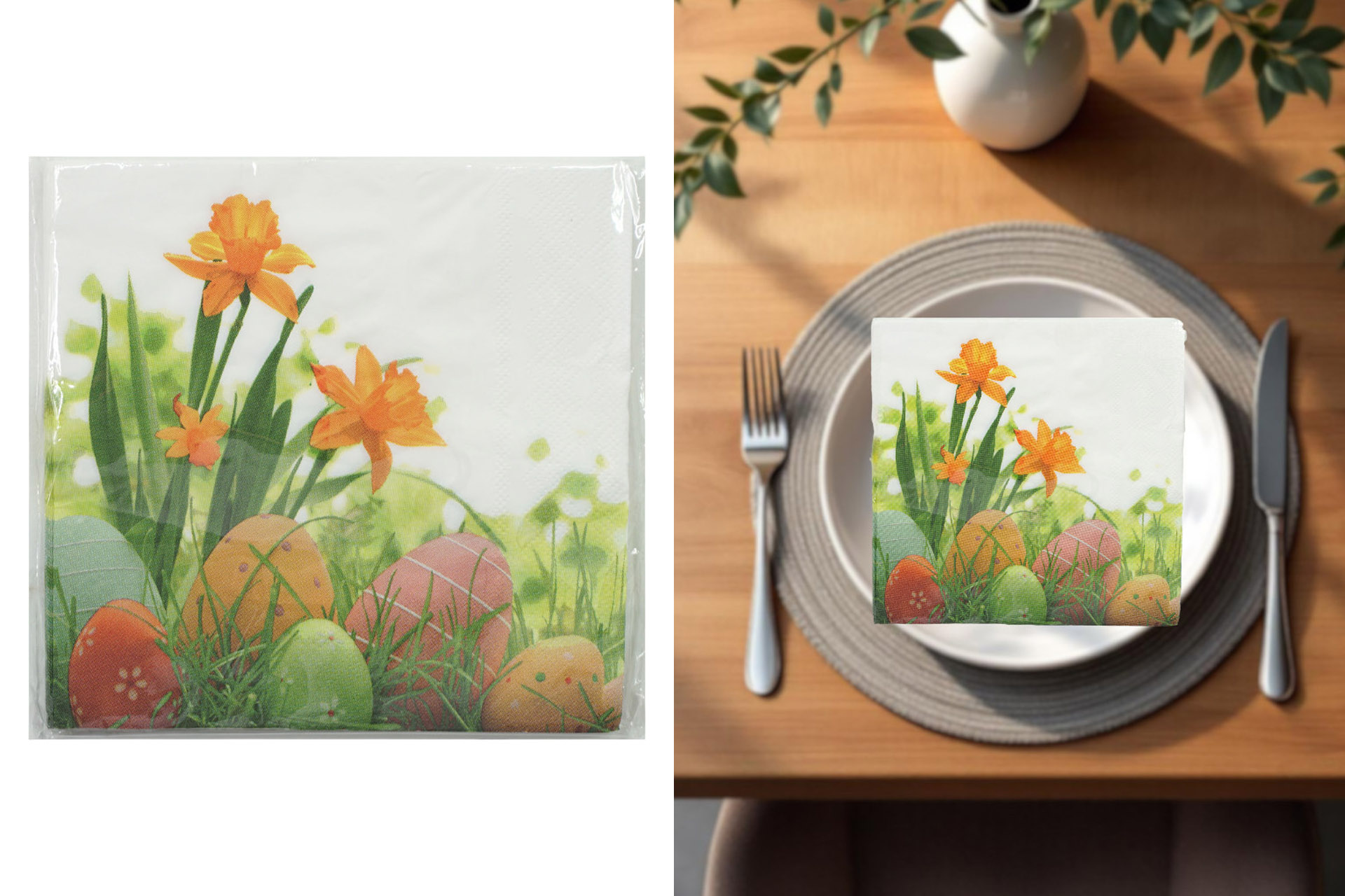 Servietten Ostern "Eier&Osterglocken" 33x33cm, ¼ Falz, 3-lagig, 20er Pack