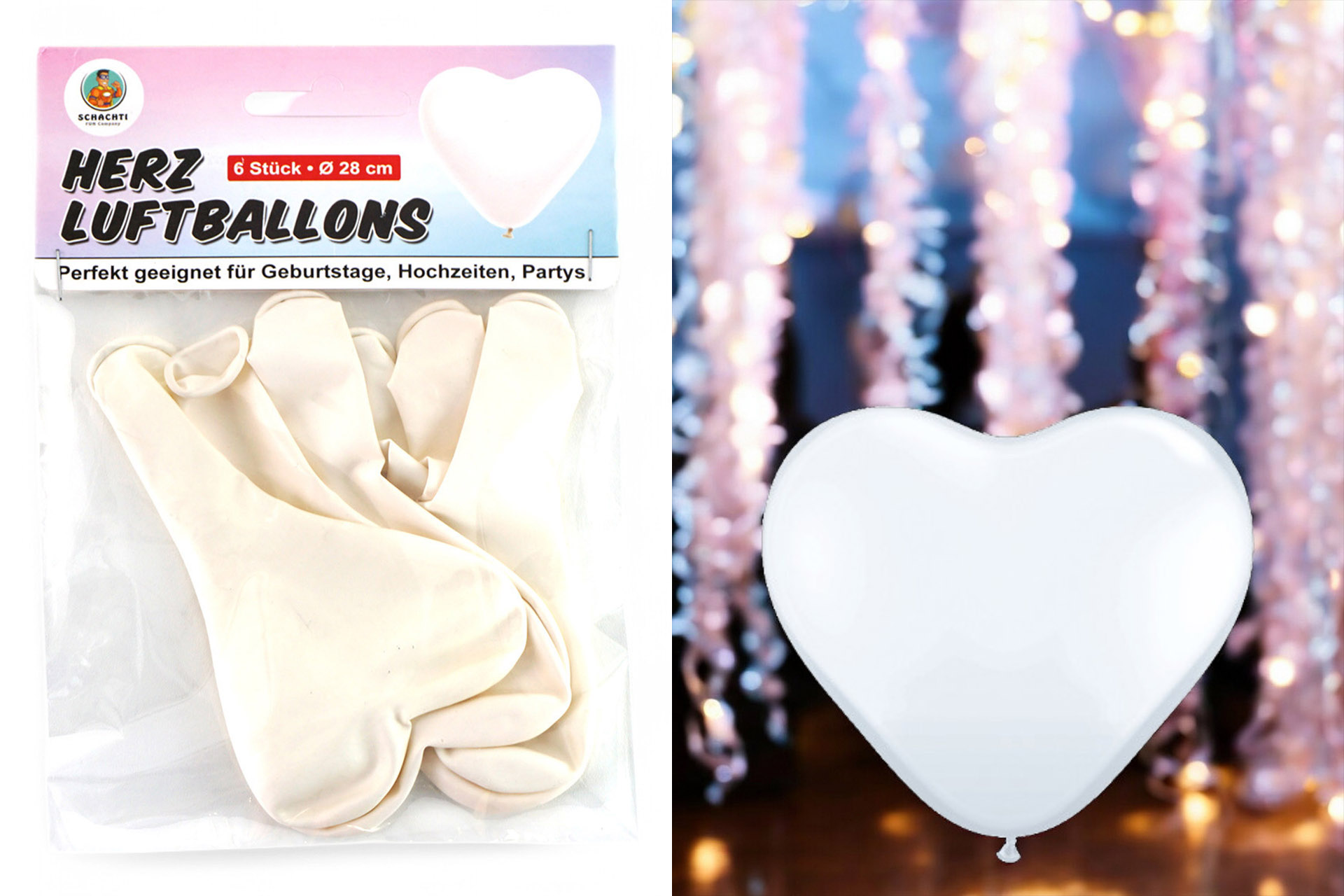 Luftballons Herz weiß, 6er Pack, 28cm