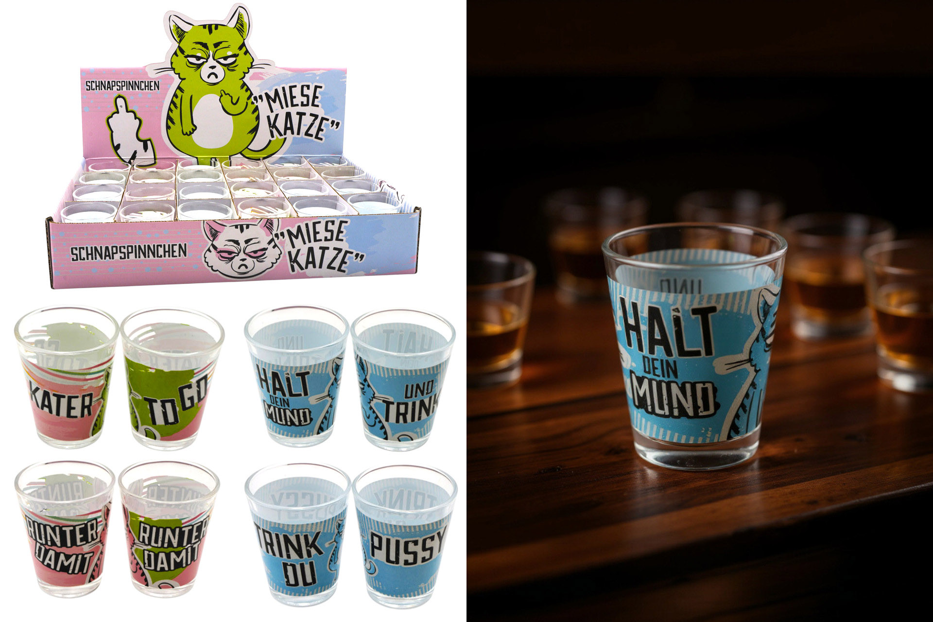 Schnapspinnchen Glas "Miesekatze" 4cl, 4 Designs, im Display