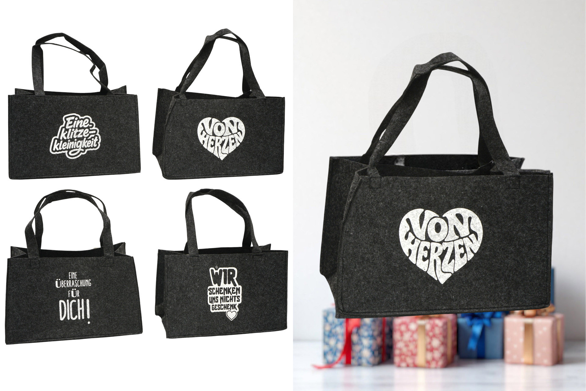 Geschenktasche Filz mit Spruch, 27x15x17cm, dunkelgrau, 4 Designs
