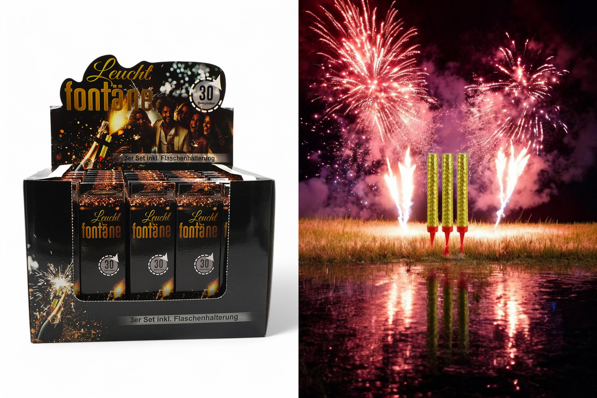 Leuchtfontäne 3er Set und Flaschenhalterung, 10cm, 30 Sek., im Display