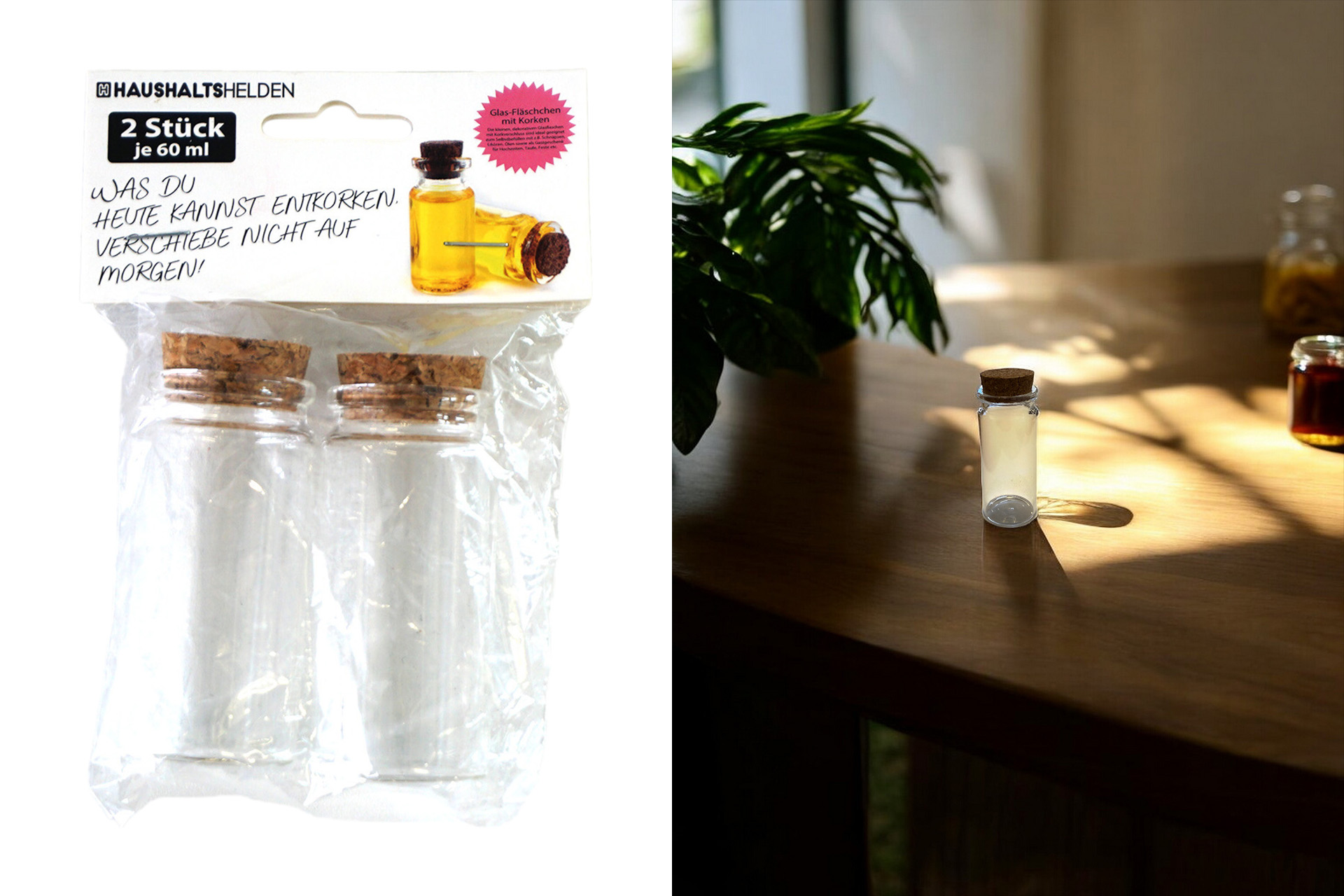 Fläschchen Glas mit Korken Set, 8cm 2er