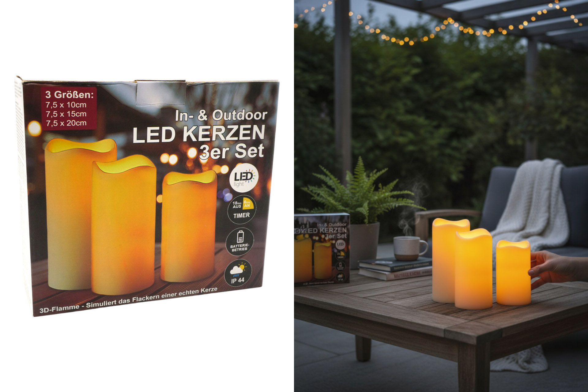 LED Outdoor Kerze Echtwachs Optik, 3er set, mit Timer, creme