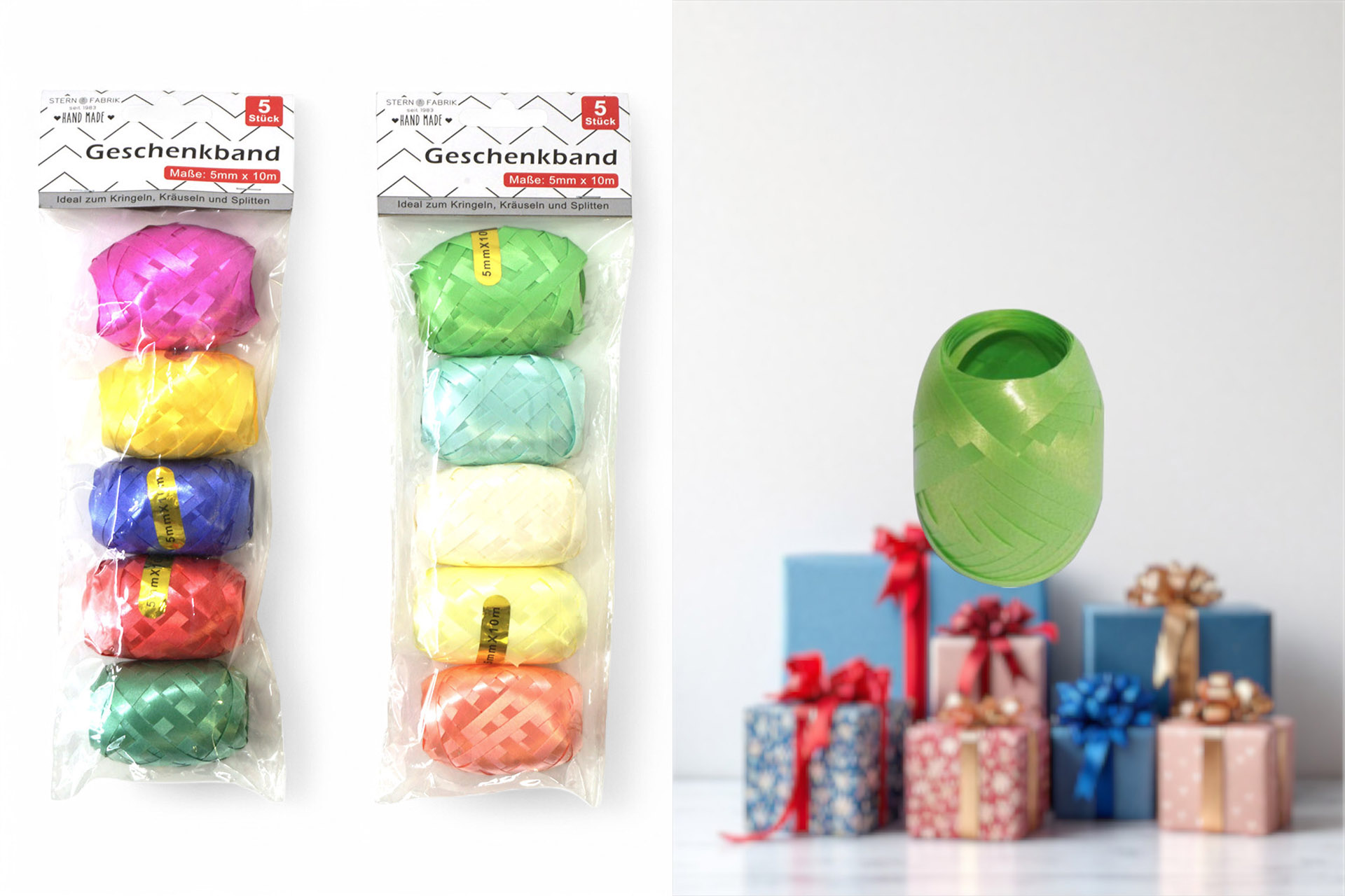 Geschenkband Eiknäul bunt, 2 Sortierungen, 5er Pack
