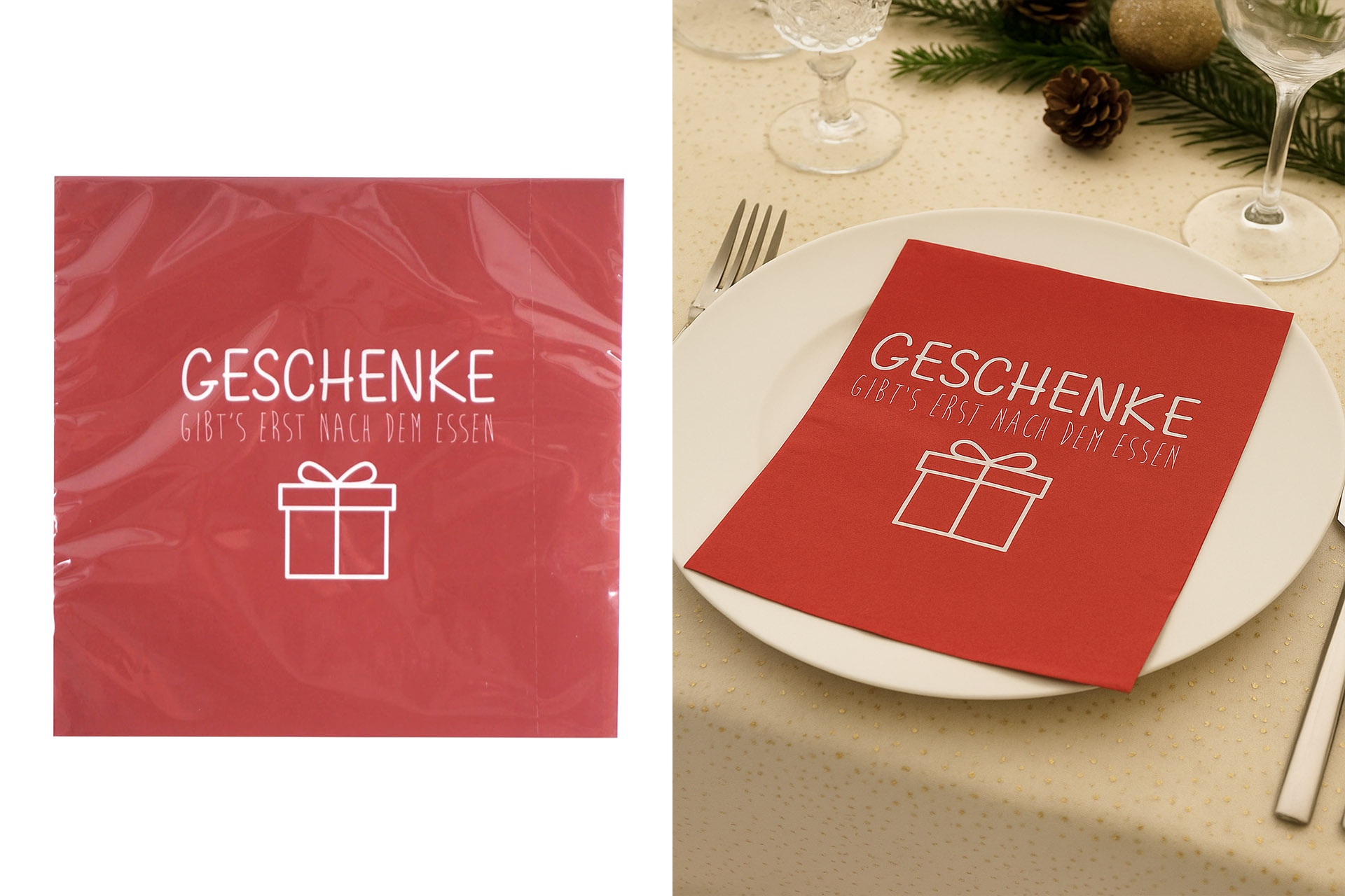 Servietten Weihnachten "GESCHENKE GIBT`S ERST NACH DEM ESSEN" 33x33cm, ¼ Falz, 3-lagig, 20er Pack