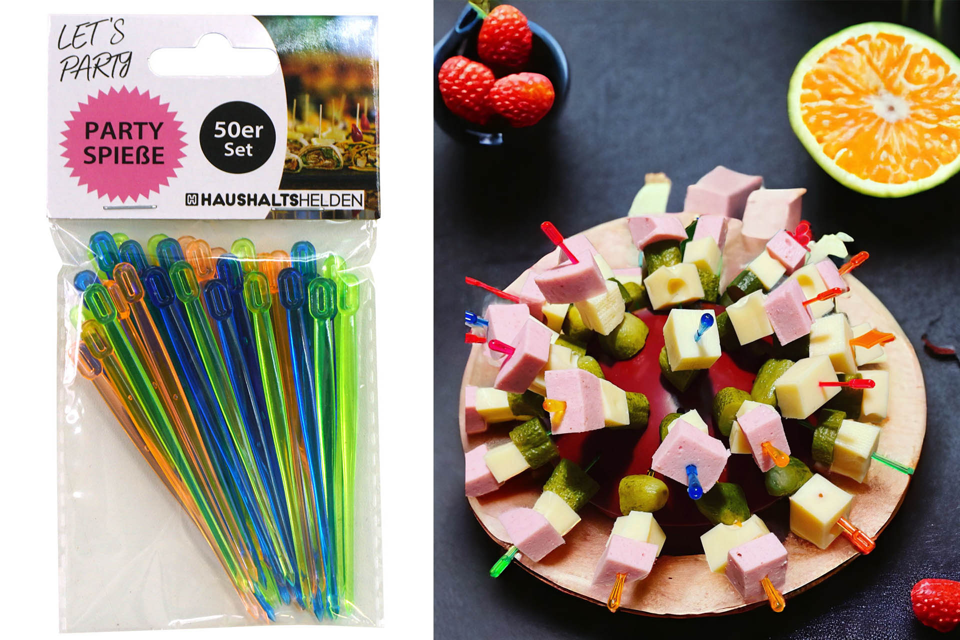 Party-Spieße, 50er Set, ca. 8 cm, wiederverwendbar, 3 Farben