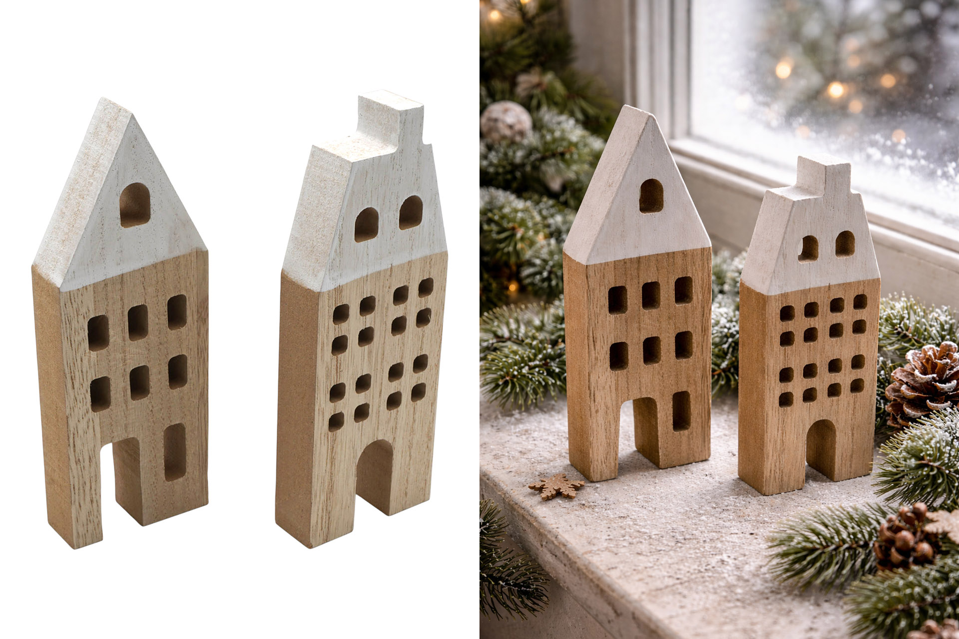 Weihnachtsdeko Holz "Häuser Allee", 21x9x2cm, 2 Designs