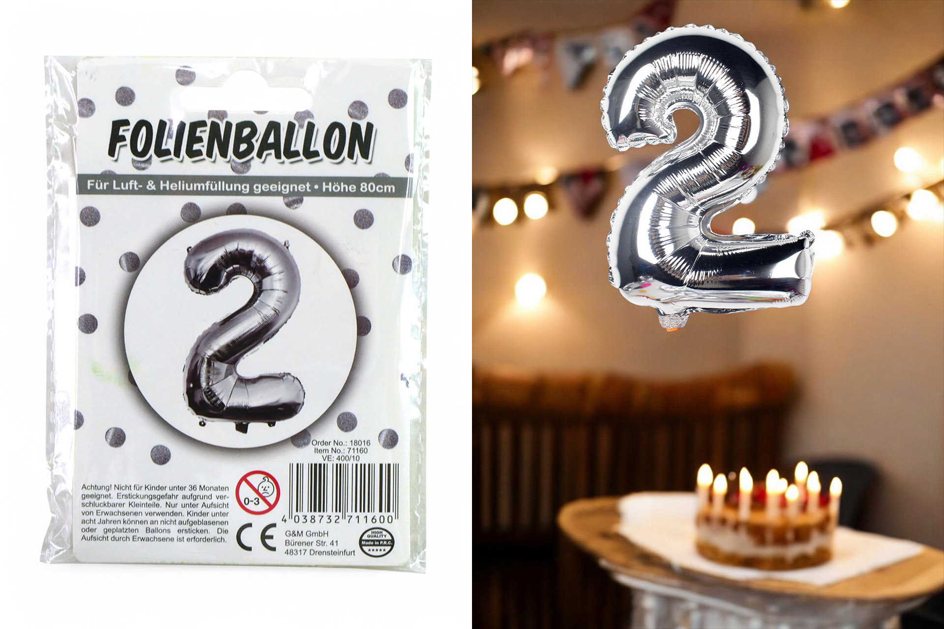 Foil balloon number 2, 80cm silver