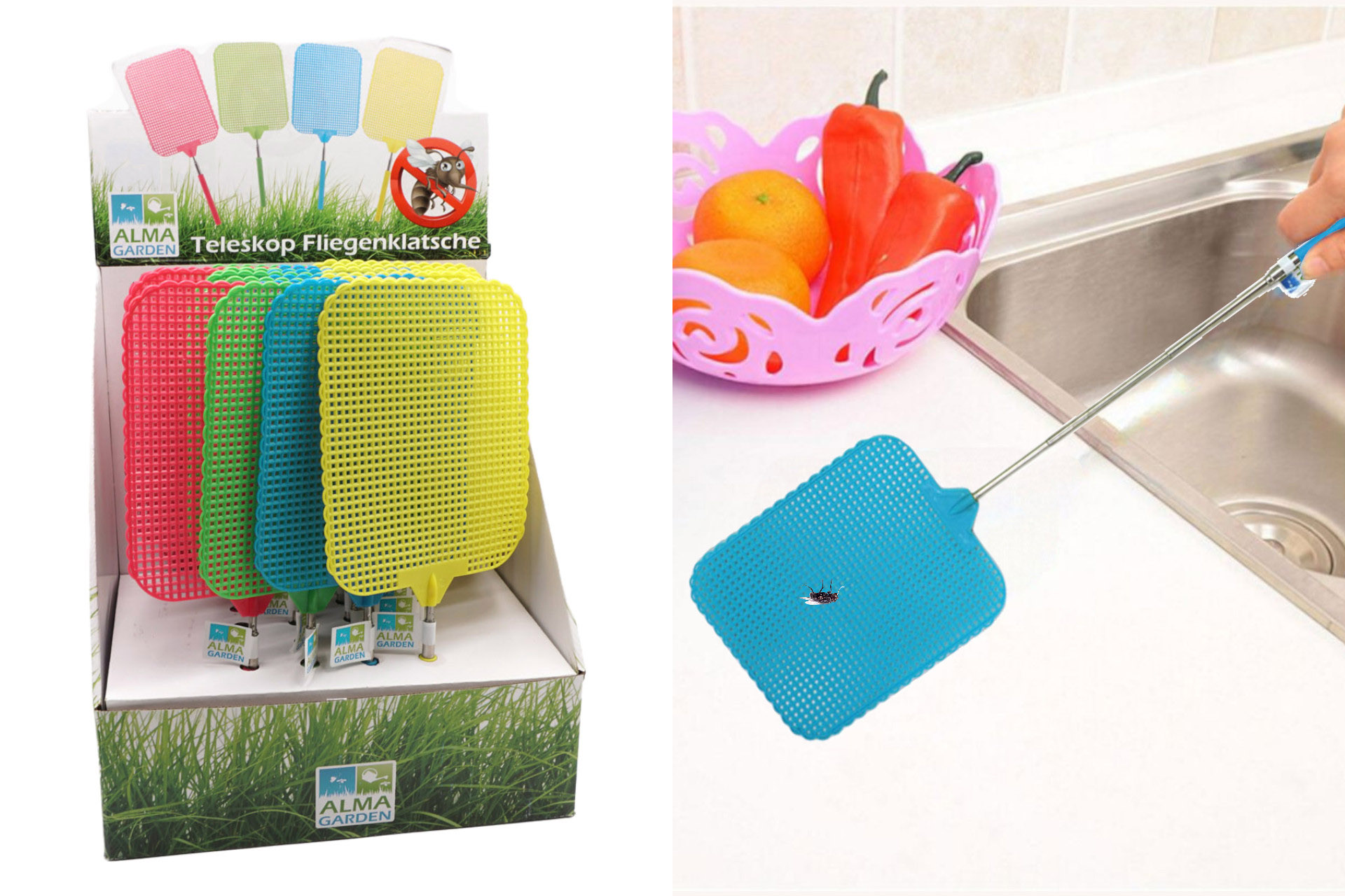 Fly swatter telescope "XXL" 16x19cm - pull out. up to 66cm, 4 colors