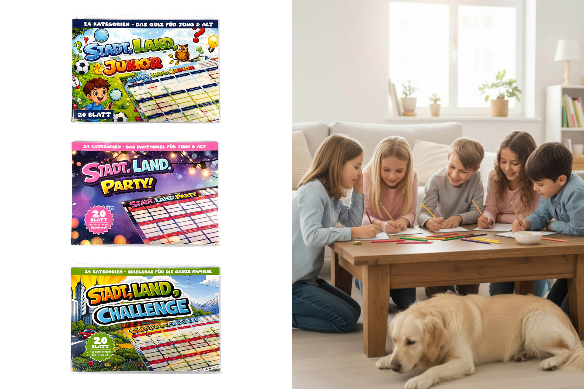 Spielblock "Stadt, Land, ...", 20 Blatt, 30x21cm, 3 Designs sortiert