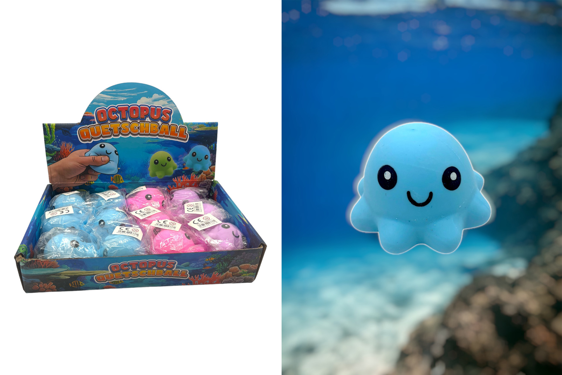 Quetschball Anti-Stress "Octopus" 7cm, 3 Farben, im Display