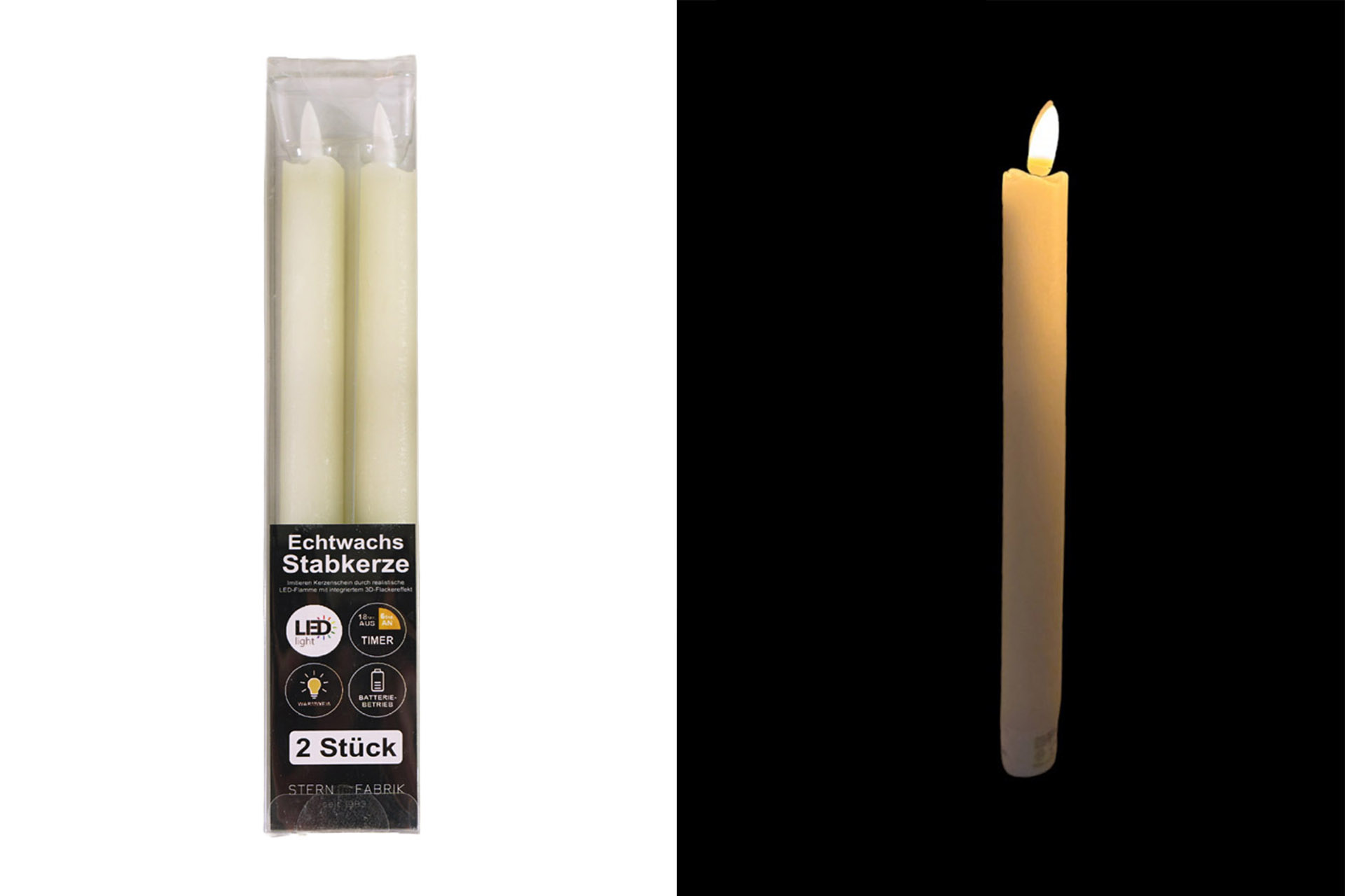 LED Echtwachskerze Stabkerze "Rustik", 24cm, 2er Set, warmweiß, mit Timer, creme
