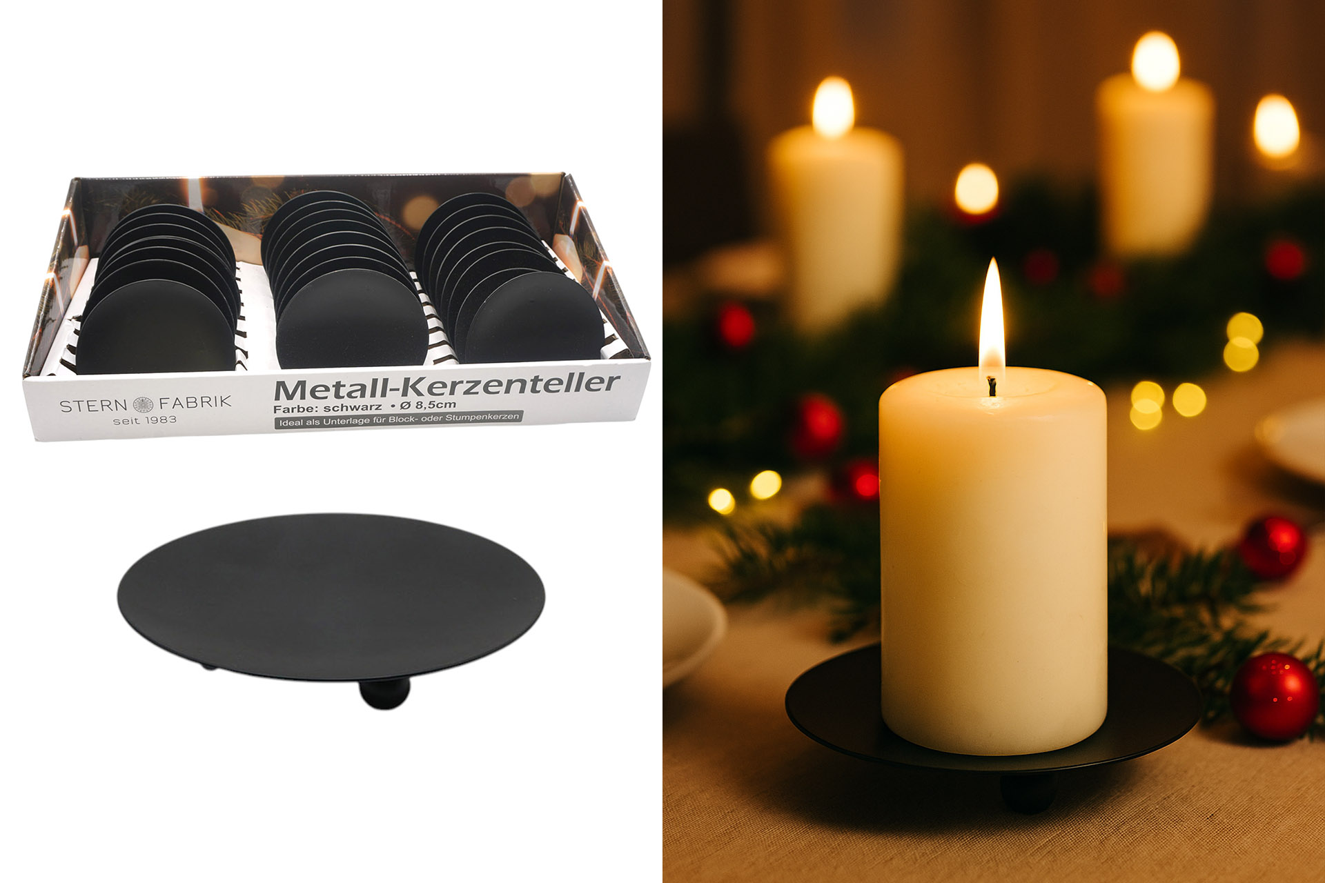 Kerzenteller Metall, 8,5cm, schwarz, im Display