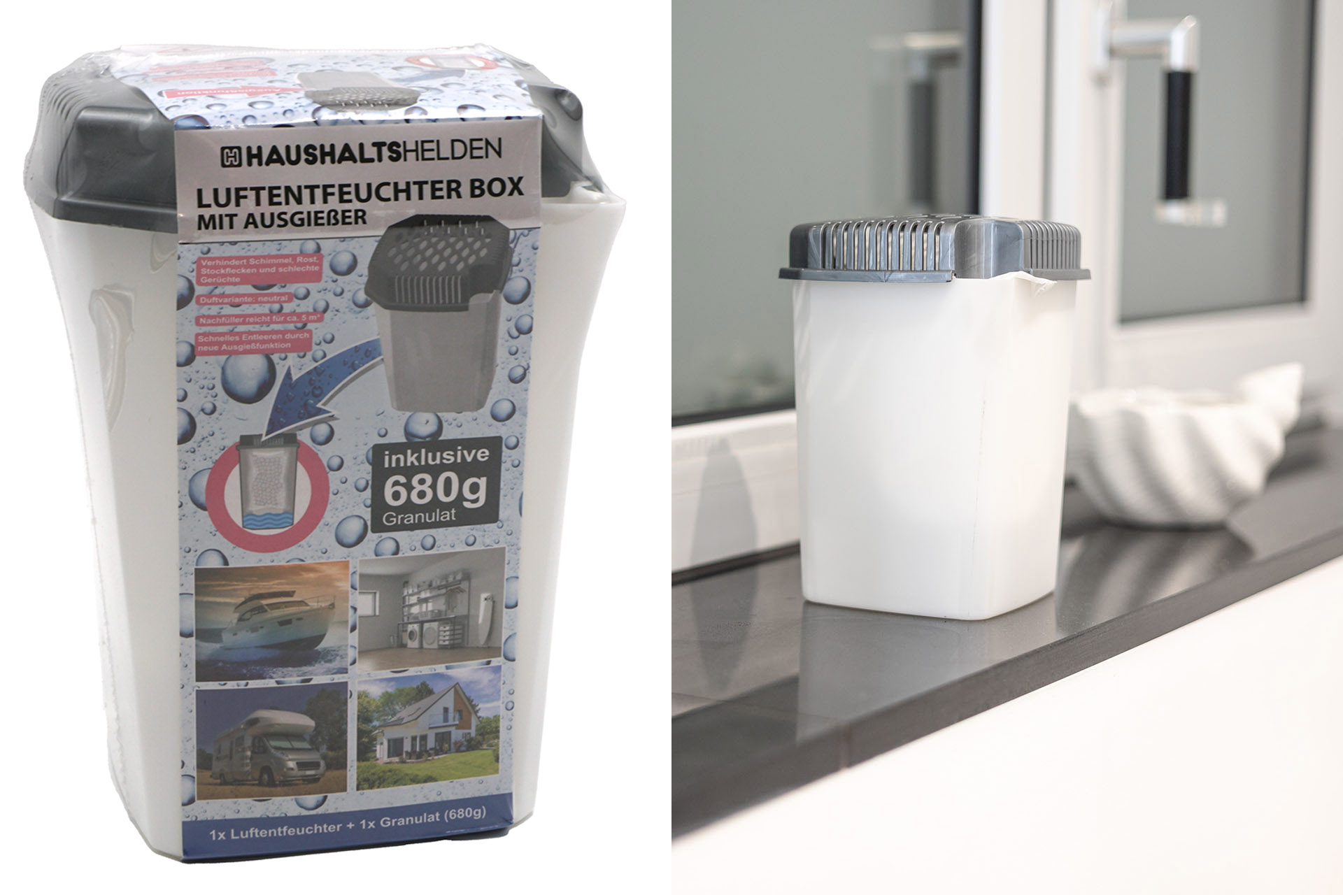Luftentfeuchter Box mit Ausgießer, 14x14x19,5cm, inkl. Granulat 680g