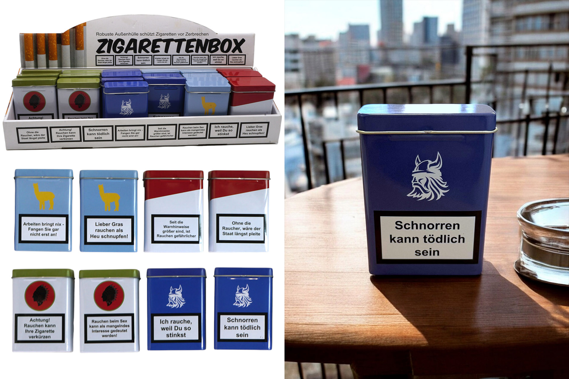 Zigarettenbox "Warnhinweis" aus Metall, 8 Designs, im Display