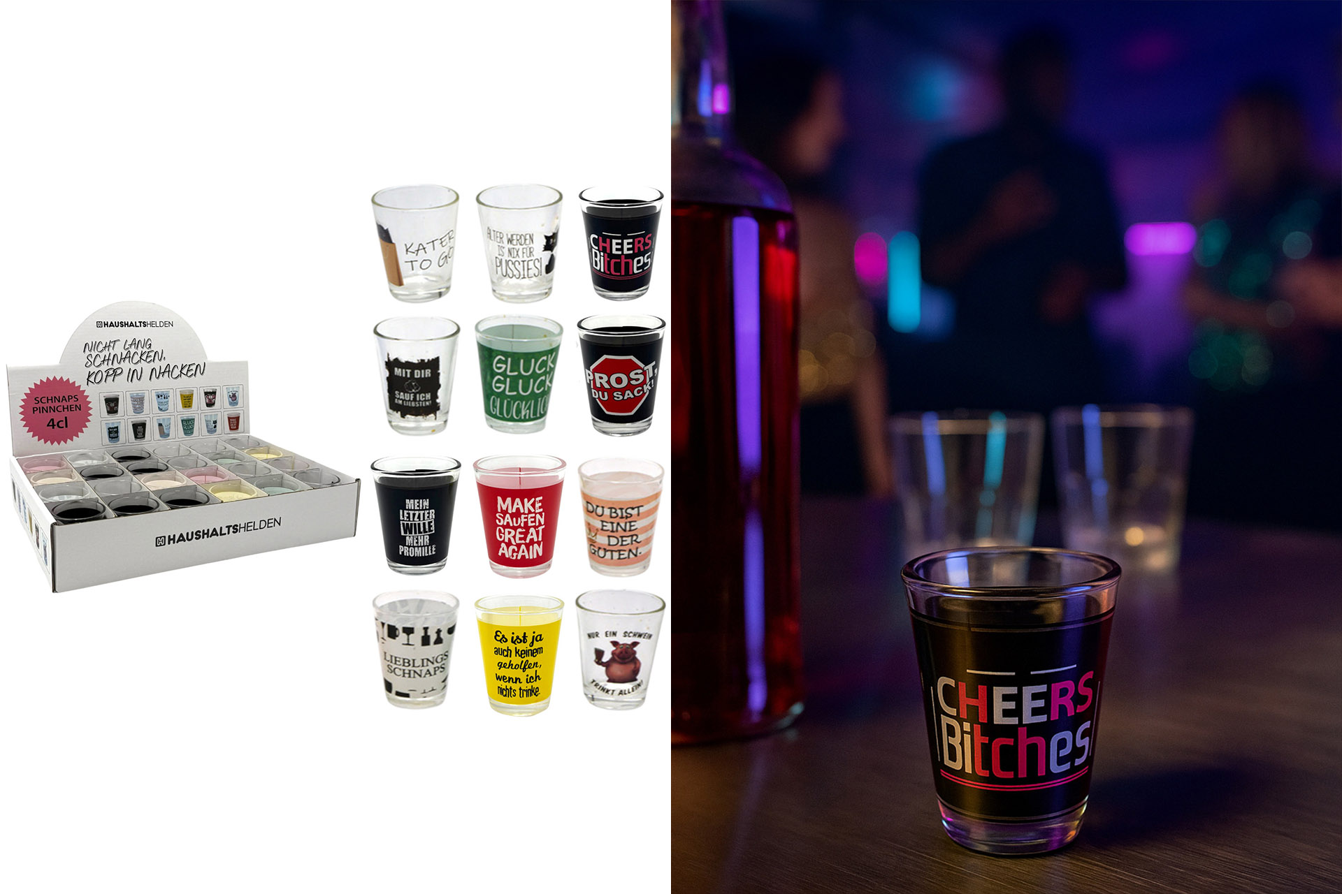 Schnapspinnchen Glas 4cl mit Sprüchen im Display, 12 Designs