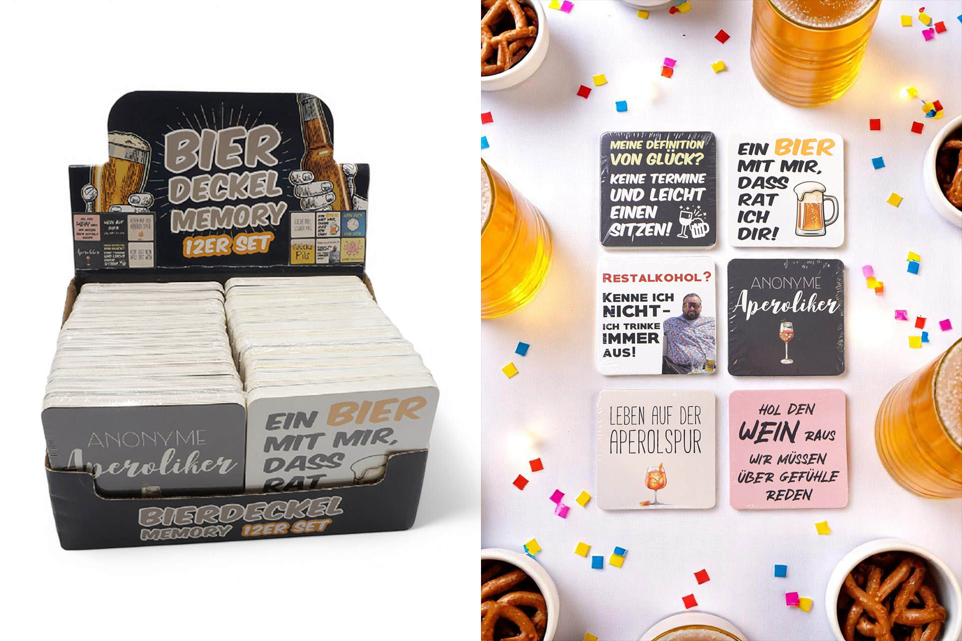 Untersetzer Bierdeckel "Memory" mit Spruch, 12er Set, 9x9cm, 2 fach sortiert, 12 Designs, im Display