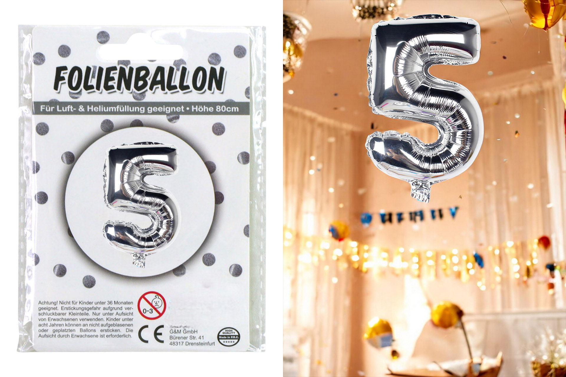 Folienballon Ziffer - 5 , 80cm silber