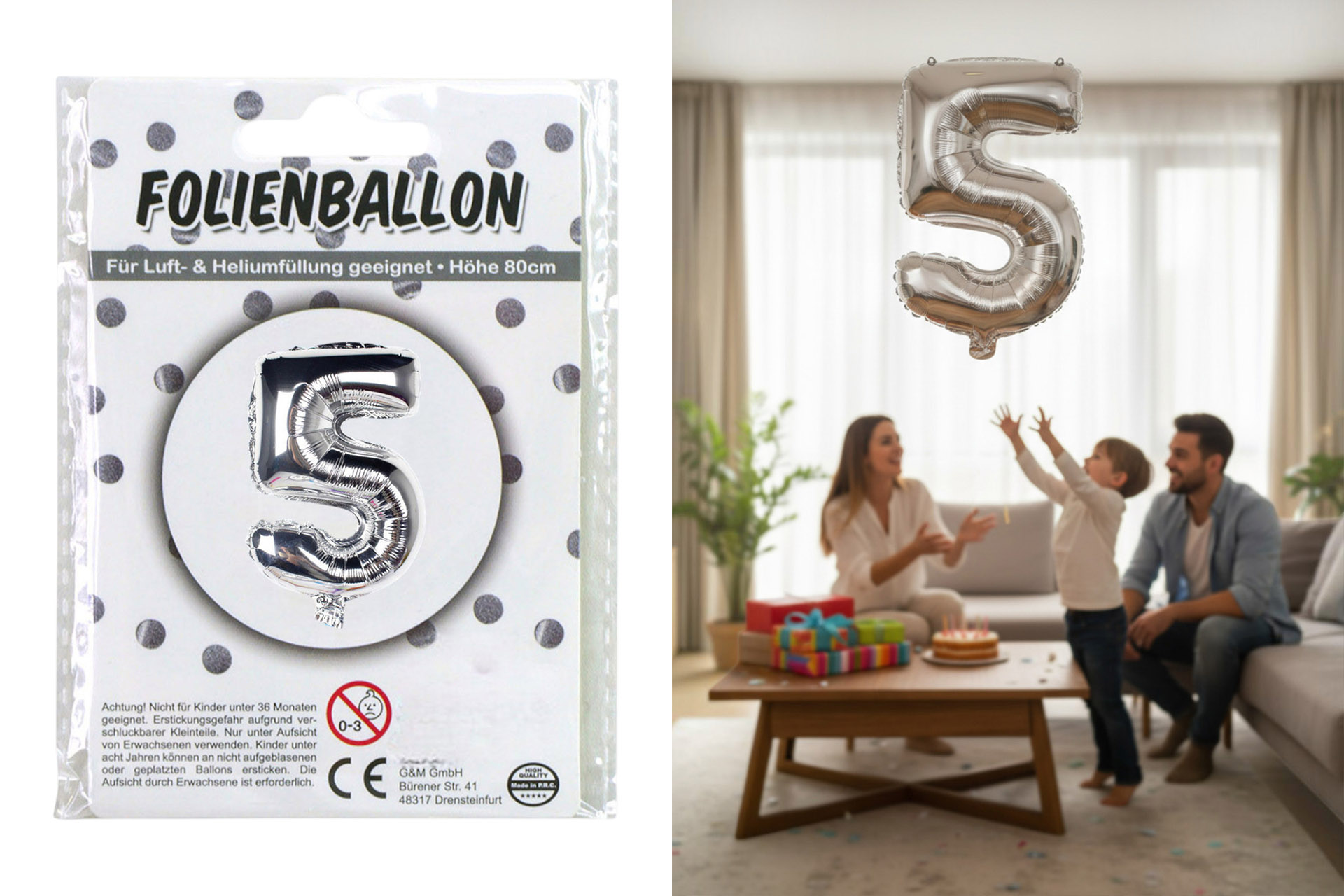 Folienballon Ziffer - 5 , 80cm silber