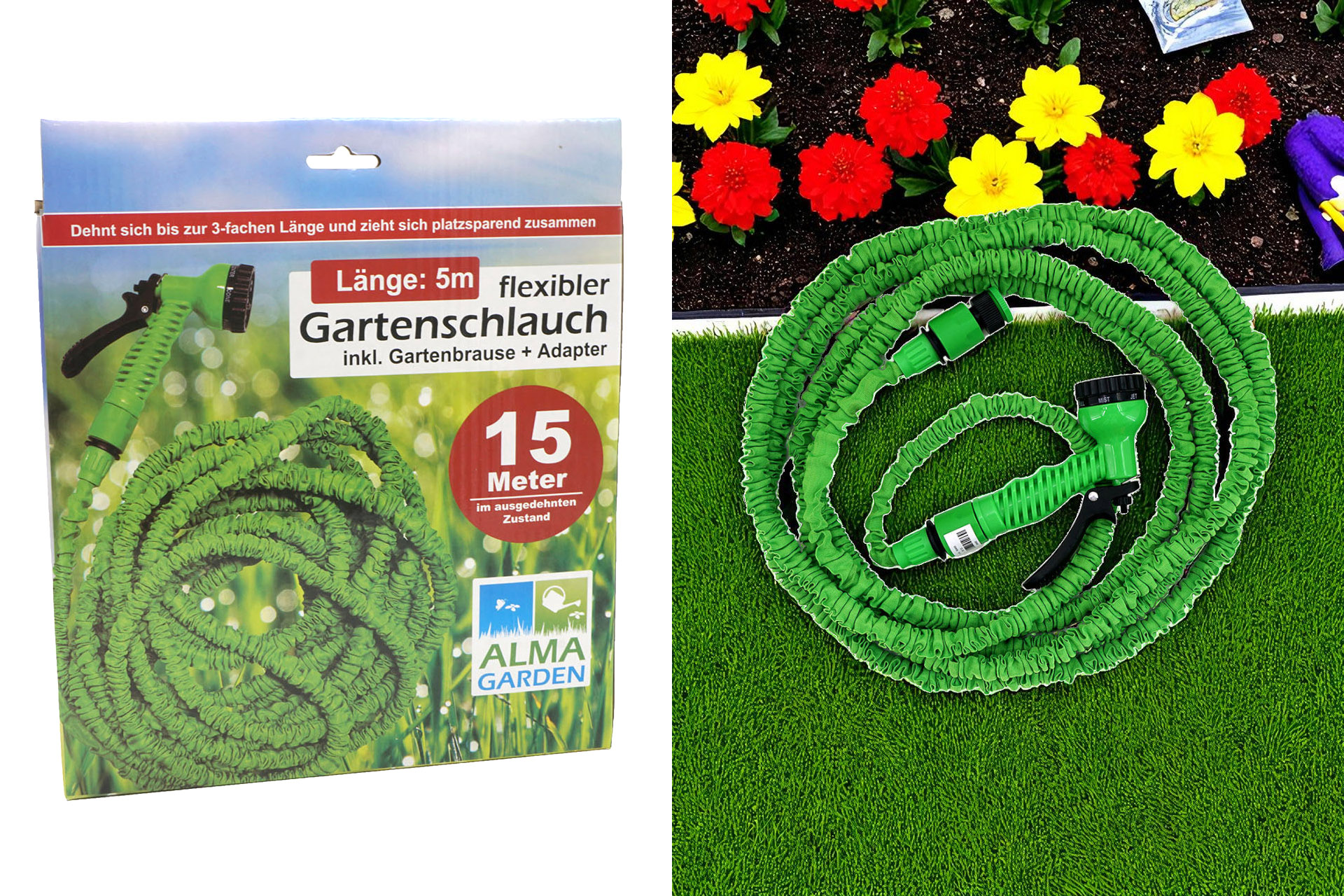 Flexibler Gartenschlauch 7,5-15m, grün, mit Sprühkopf