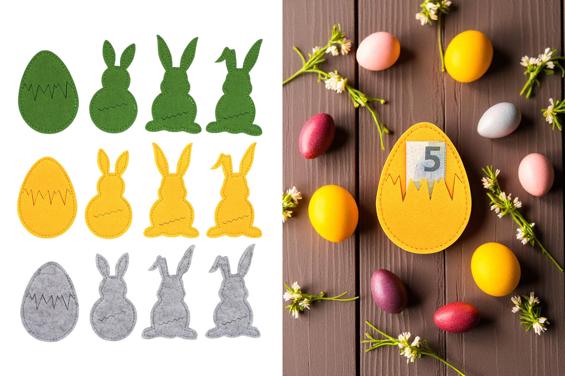 Geldgeschenk Ostern Hase & Ei, 8,5x0,5x16cm, Filz, 3 Farben, 4 Designs