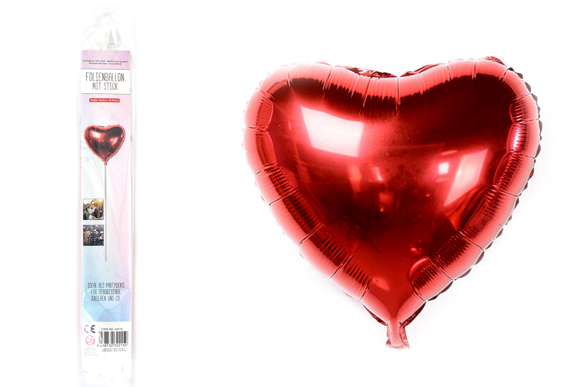 Folienballon Sortiment Refill für Display "Rotes Herz" mit Stick, 46cm
