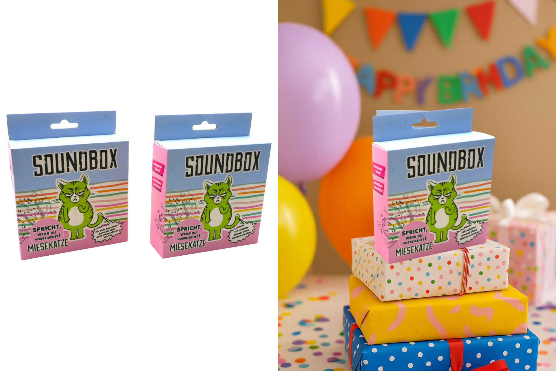 Soundbox "Miesekatze", 12x12x3,5cm, mit Bewegungssensor, 2 Musikfiles, 2 Designs