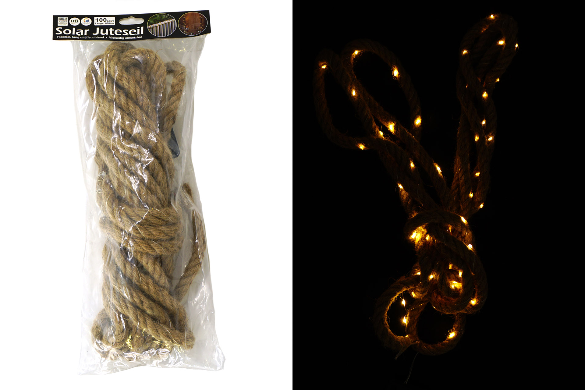 Solar Juteseil 8m, Dia 1,6cm, Solarpanel, 100 LED