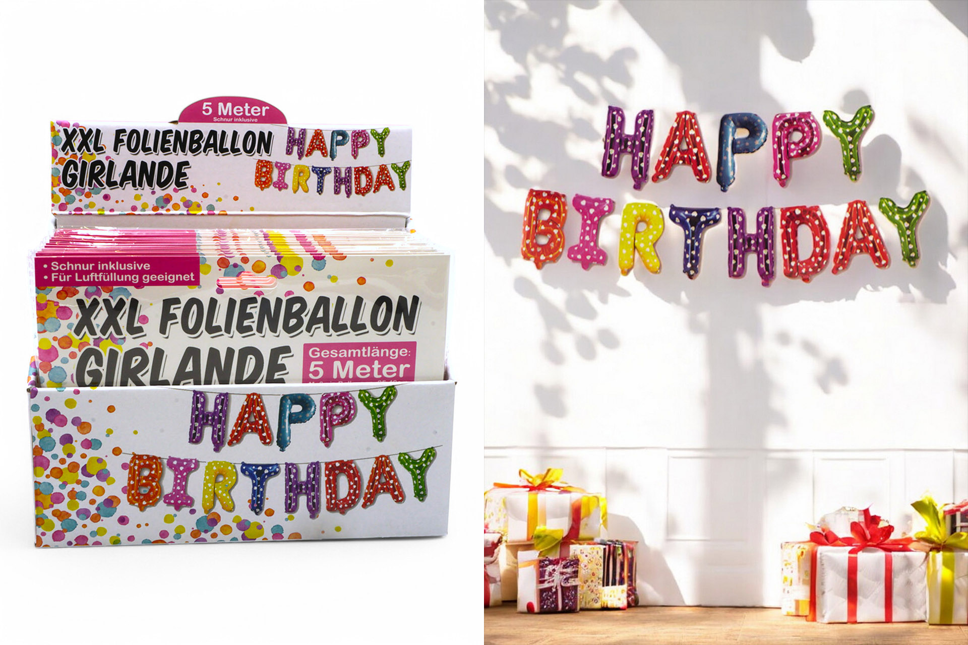 Foil balloon "Happy Birthday" garland, colorful, in Display