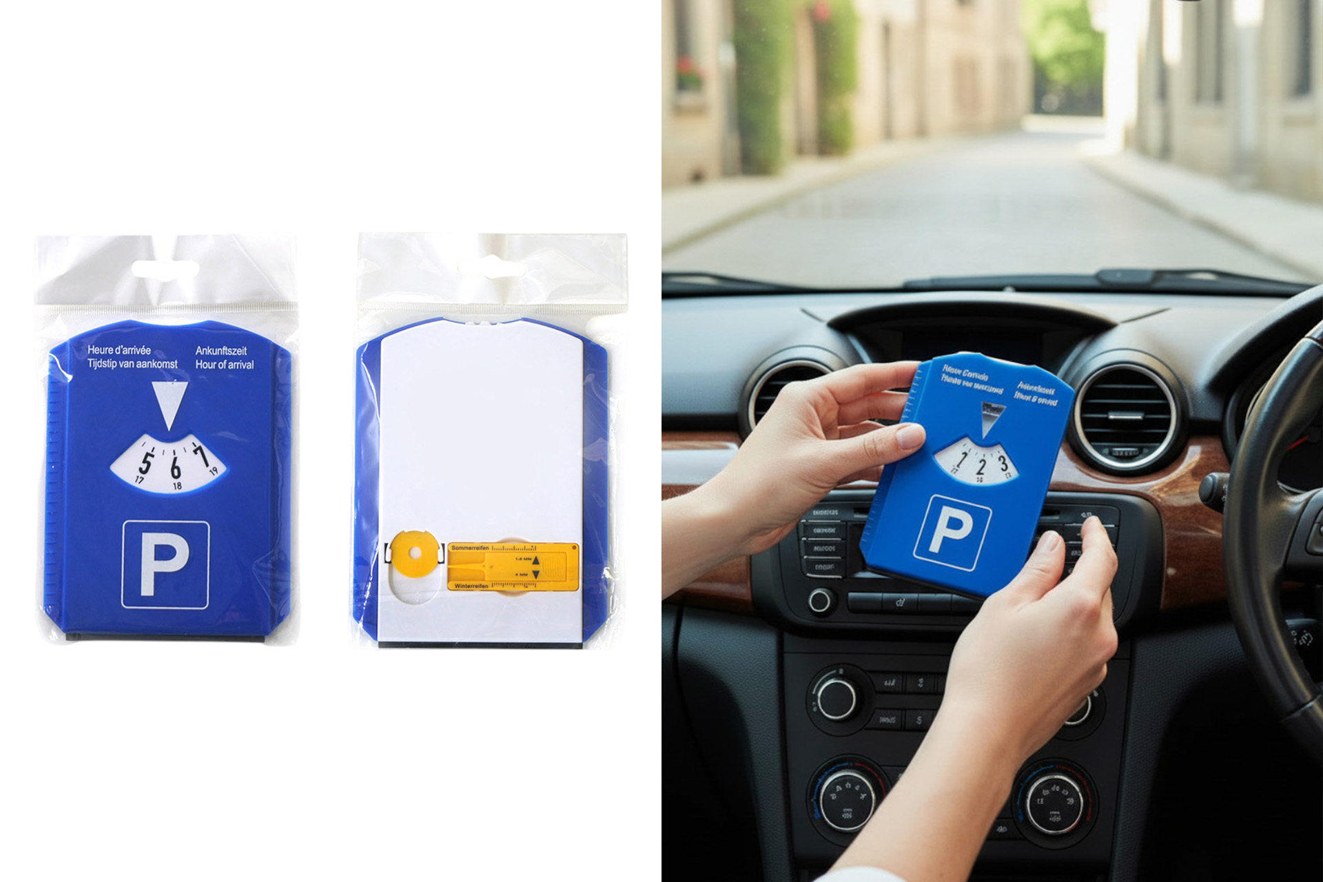 Plastic parking disc with ice scraper, shopping cart chip and tire