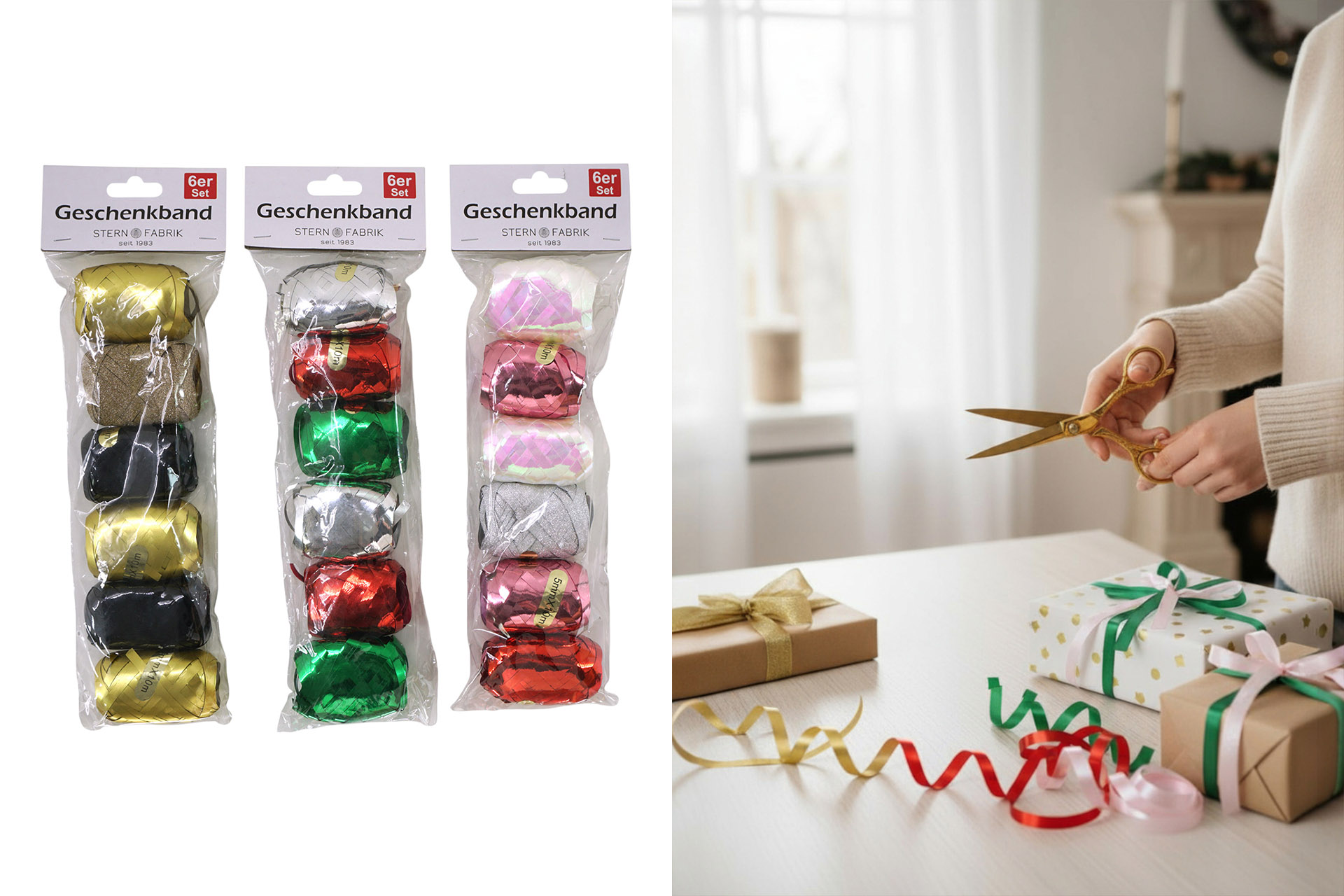 Geschenkband Eiknäul 3-fach sortiert, 6er Vorteilspack