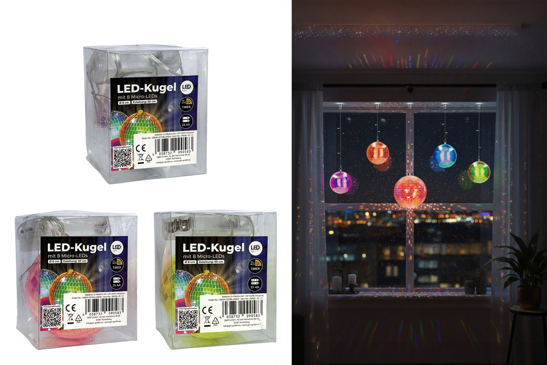 LED Discokugel, Ø 8cm, mit Timer, 3 Farben