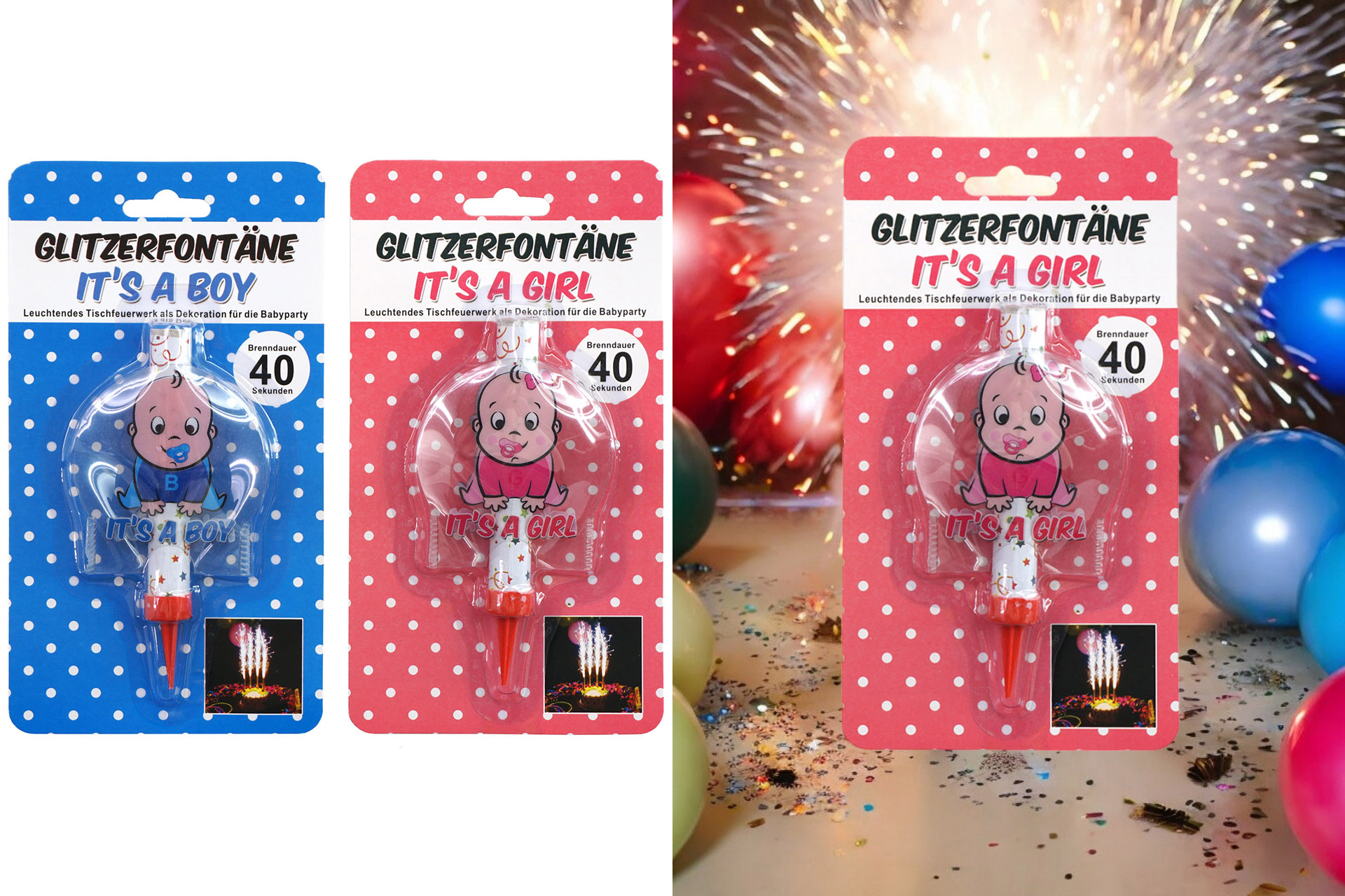 Leuchtfontäne Baby Shower Boy/Girl sortiert - Brenndauer 30 Sekunden