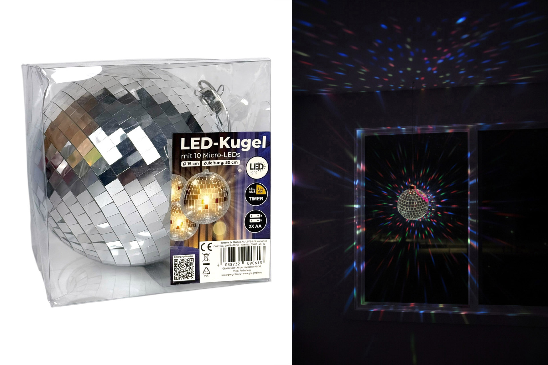 LED Discokugel, Ø 15cm, mit Timer, silber