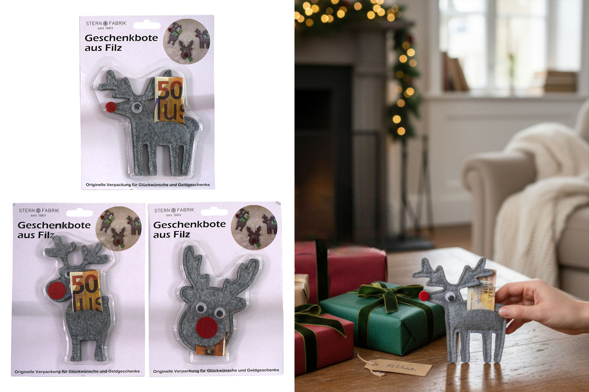 Geldgeschenk Weihnachten Rentier, Filz, grau, 3 Designs
