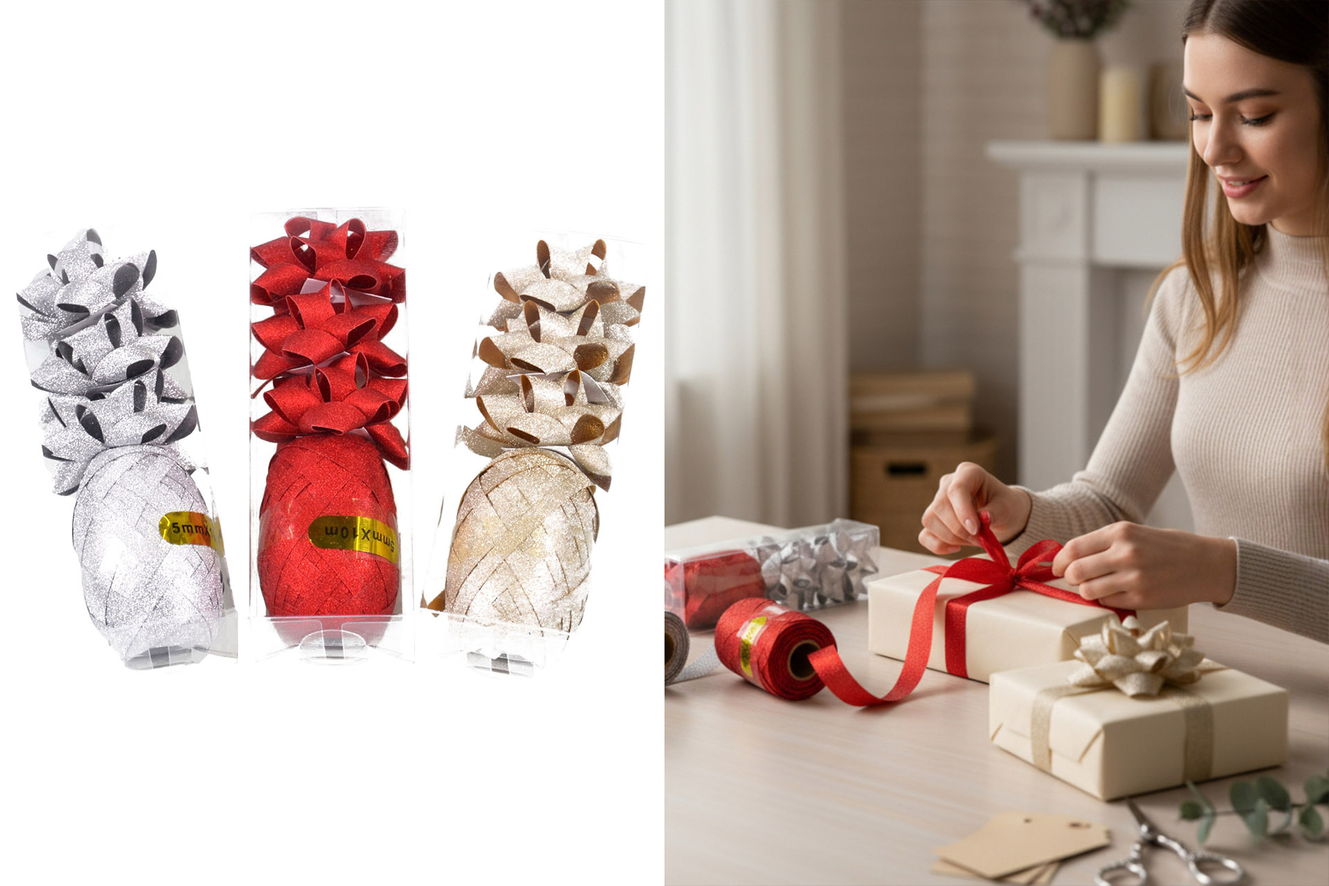 Geschenkband Eiknäul und Schleife, glitzer, 3 Farben