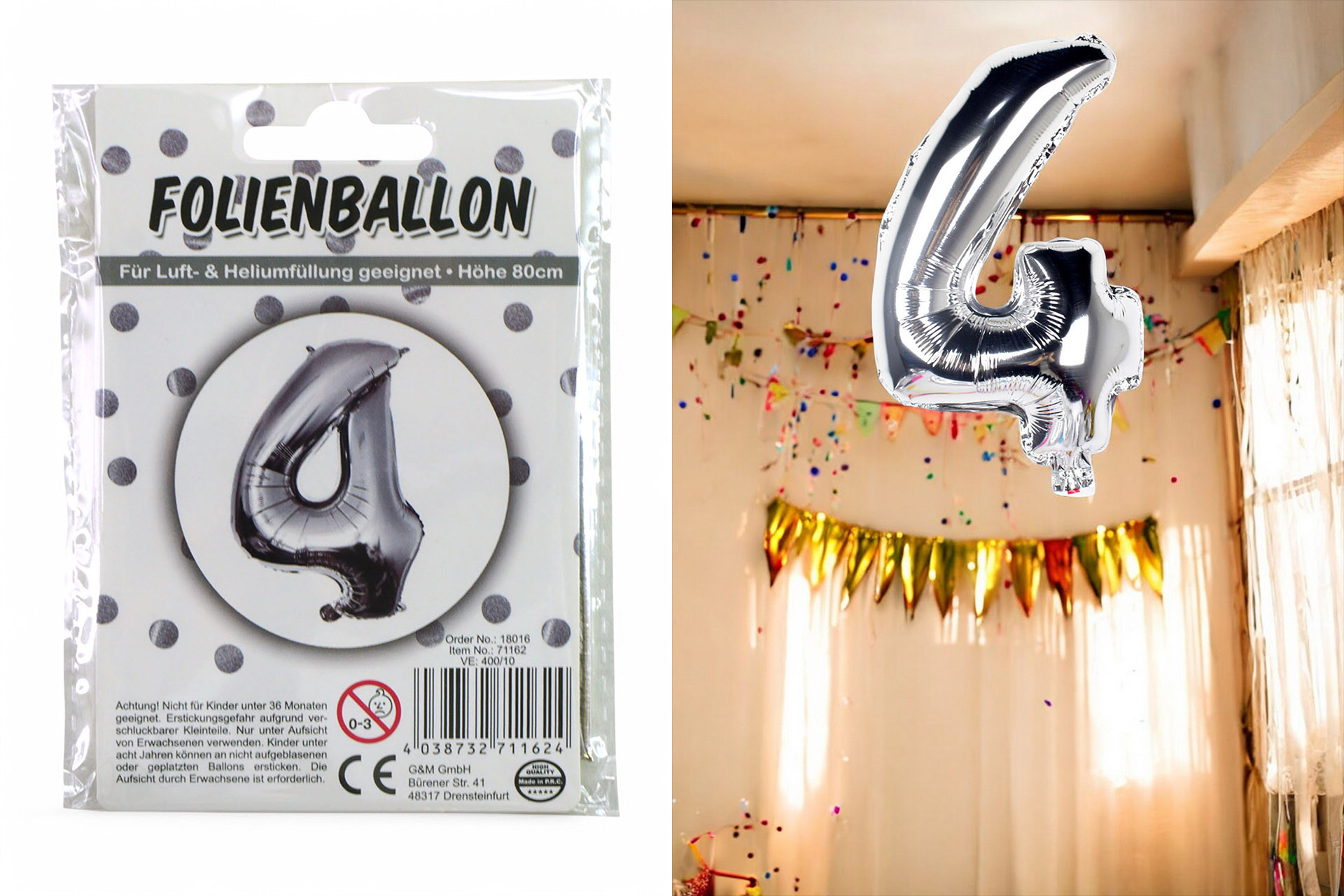 Foil balloon number 4, 80cm silver